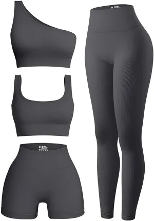 4 Piece Workout Sets For Women Ribbed Leggings Clothes Yoga Sets Active Wear Matching Work Out Sets Gym Pilates Outfits