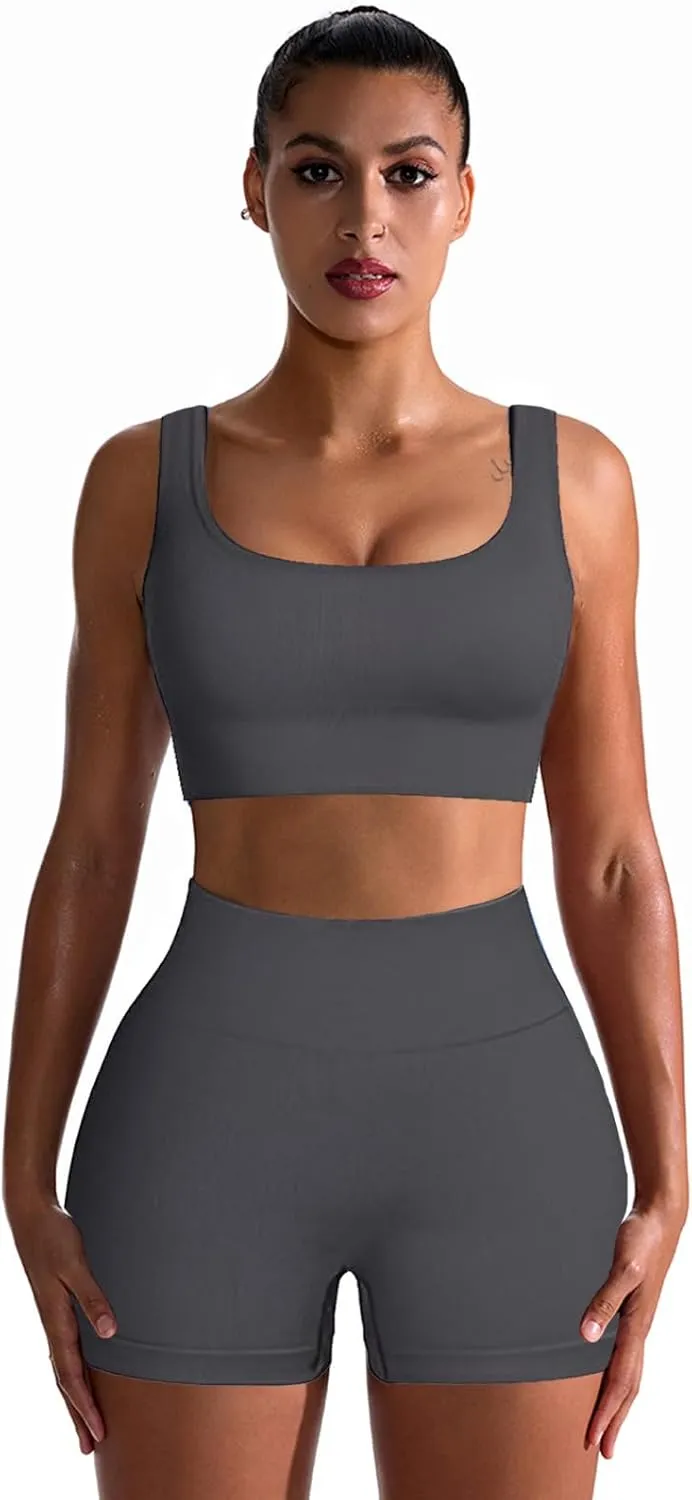 4 Piece Workout Sets For Women Ribbed Leggings Clothes Yoga Sets Active Wear Matching Work Out Sets Gym Pilates Outfits