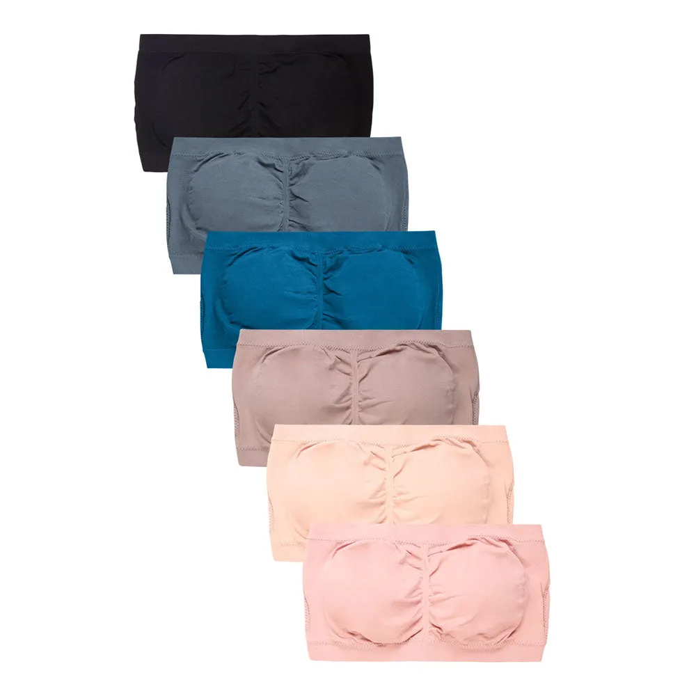 6 Pc Microfiber Bandeau Seamless Strapless Tube Top Bras Multi-Colors One Size