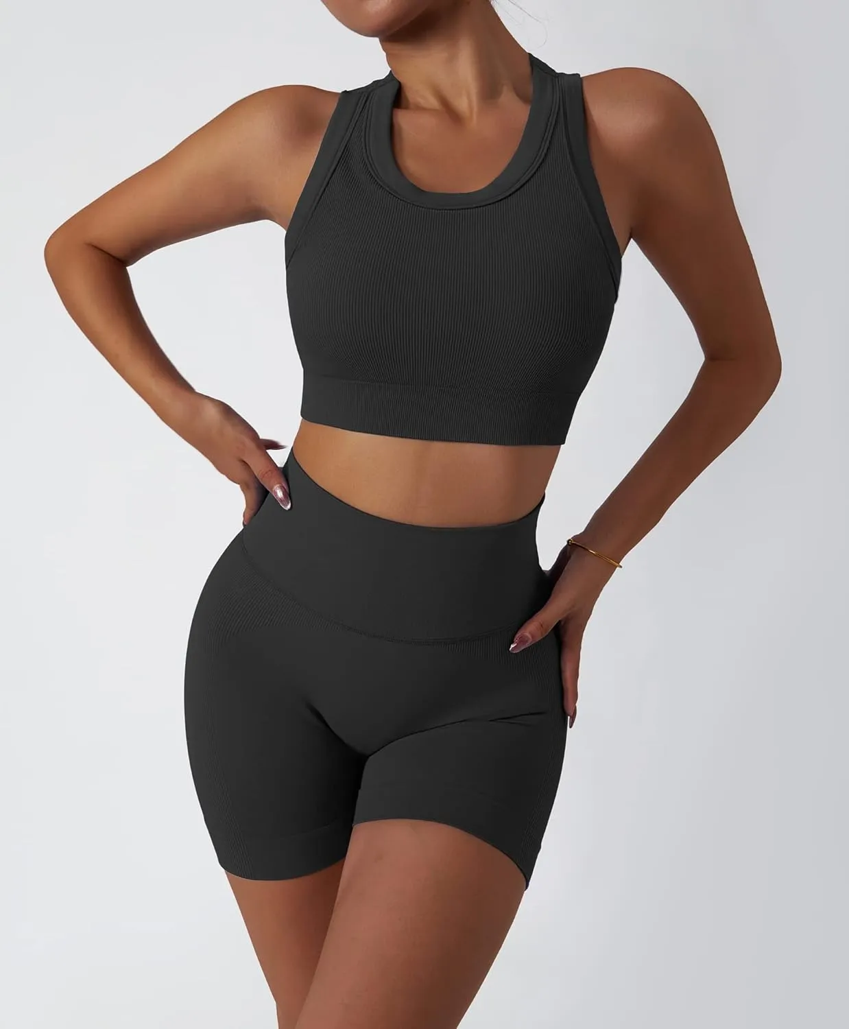 ABOCIW Workout Sets for Women 2 Piece Seamless Ribbed Tank Top Sport Bra High Waist Biker Shorts GYM Yoga Exercise Outfits