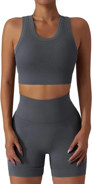 ABOCIW Workout Sets for Women 2 Piece Seamless Ribbed Tank Top Sport Bra High Waist Biker Shorts GYM Yoga Exercise Outfits