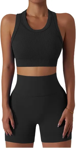 ABOCIW Workout Sets for Women 2 Piece Seamless Ribbed Tank Top Sport Bra High Waist Biker Shorts GYM Yoga Exercise Outfits