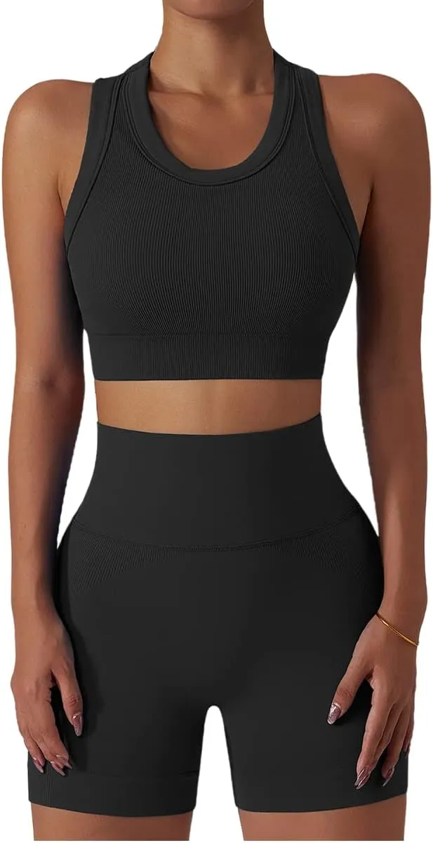 ABOCIW Workout Sets for Women 2 Piece Seamless Ribbed Tank Top Sport Bra High Waist Biker Shorts GYM Yoga Exercise Outfits
