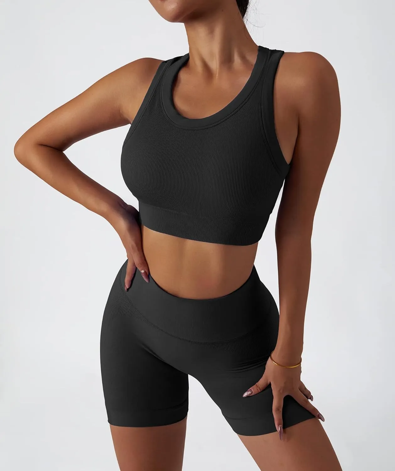 ABOCIW Workout Sets for Women 2 Piece Seamless Ribbed Tank Top Sport Bra High Waist Biker Shorts GYM Yoga Exercise Outfits