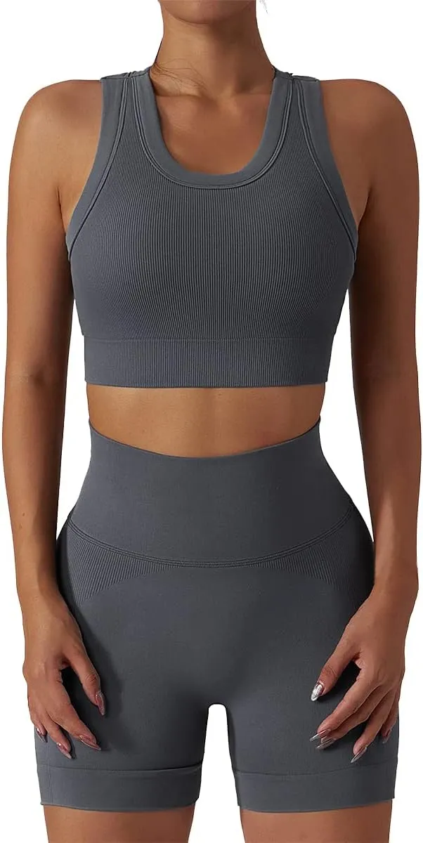 ABOCIW Workout Sets for Women 2 Piece Seamless Ribbed Tank Top Sport Bra High Waist Biker Shorts GYM Yoga Exercise Outfits
