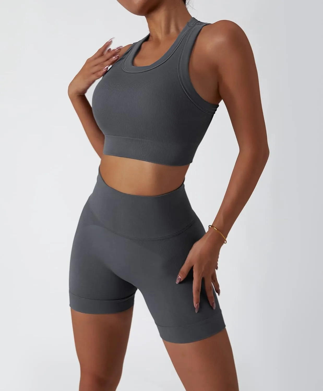 ABOCIW Workout Sets for Women 2 Piece Seamless Ribbed Tank Top Sport Bra High Waist Biker Shorts GYM Yoga Exercise Outfits