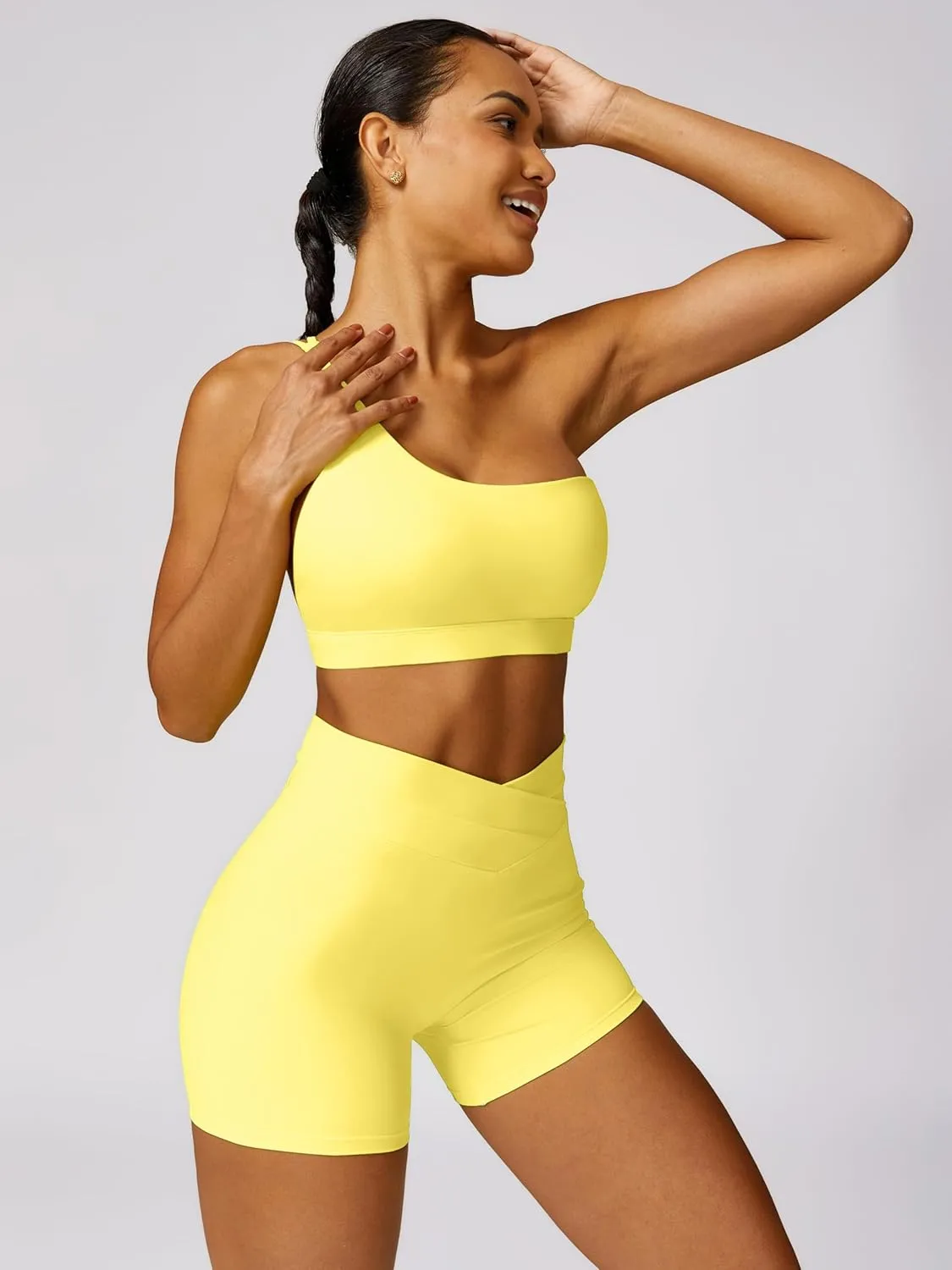 ABOCIW Workout Sets for Women Crossover High Waist Biker Shorts One Shoulder Sports Bra 2 Piece Gym Yoga Outfits