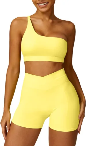 ABOCIW Workout Sets for Women Crossover High Waist Biker Shorts One Shoulder Sports Bra 2 Piece Gym Yoga Outfits