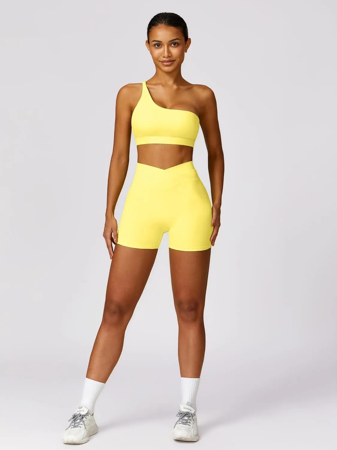 ABOCIW Workout Sets for Women Crossover High Waist Biker Shorts One Shoulder Sports Bra 2 Piece Gym Yoga Outfits
