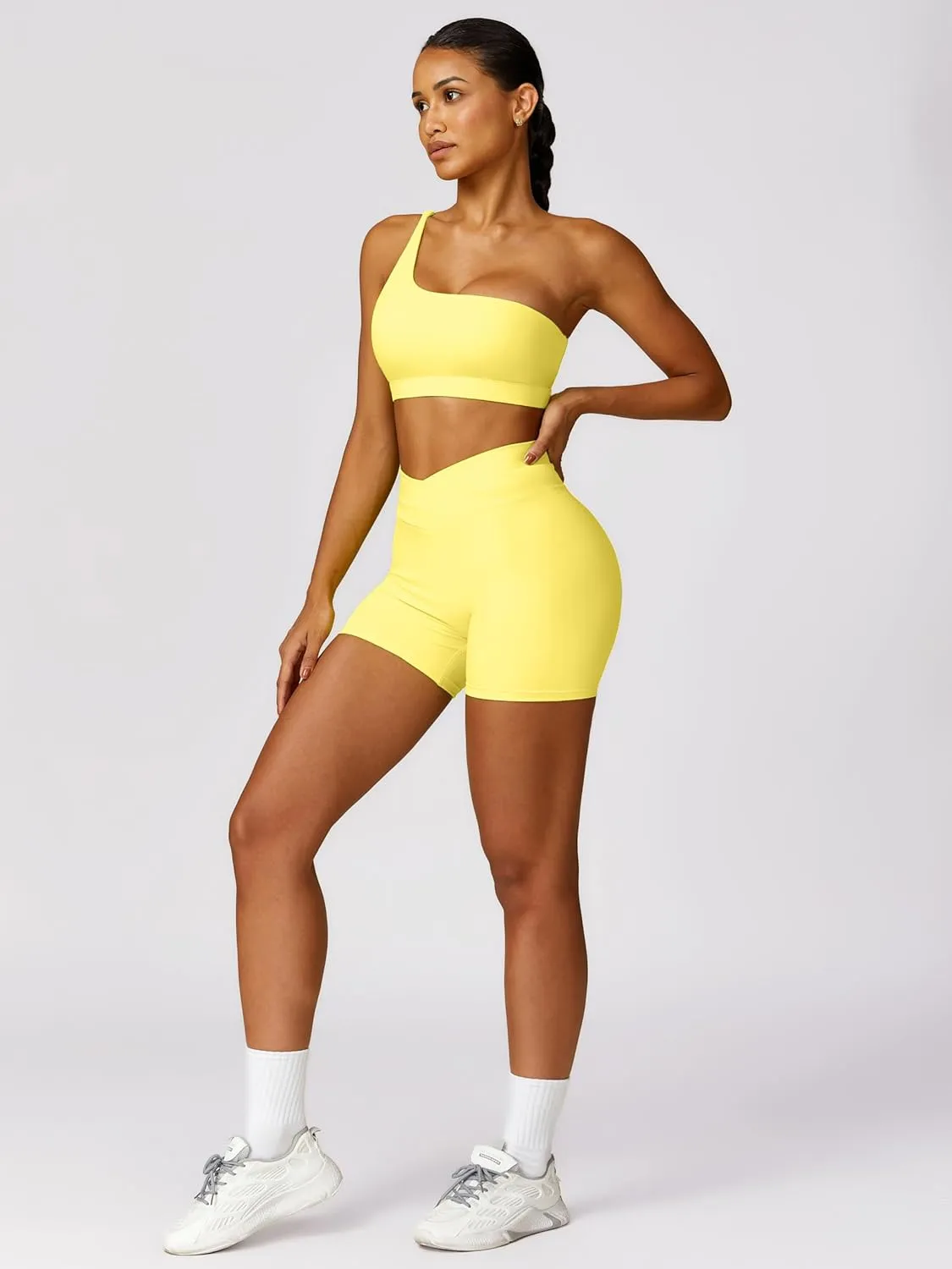 ABOCIW Workout Sets for Women Crossover High Waist Biker Shorts One Shoulder Sports Bra 2 Piece Gym Yoga Outfits