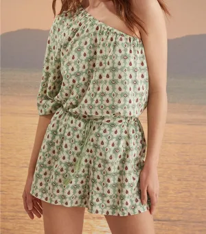 Asymmetric Top And Printed Shorts Set Green