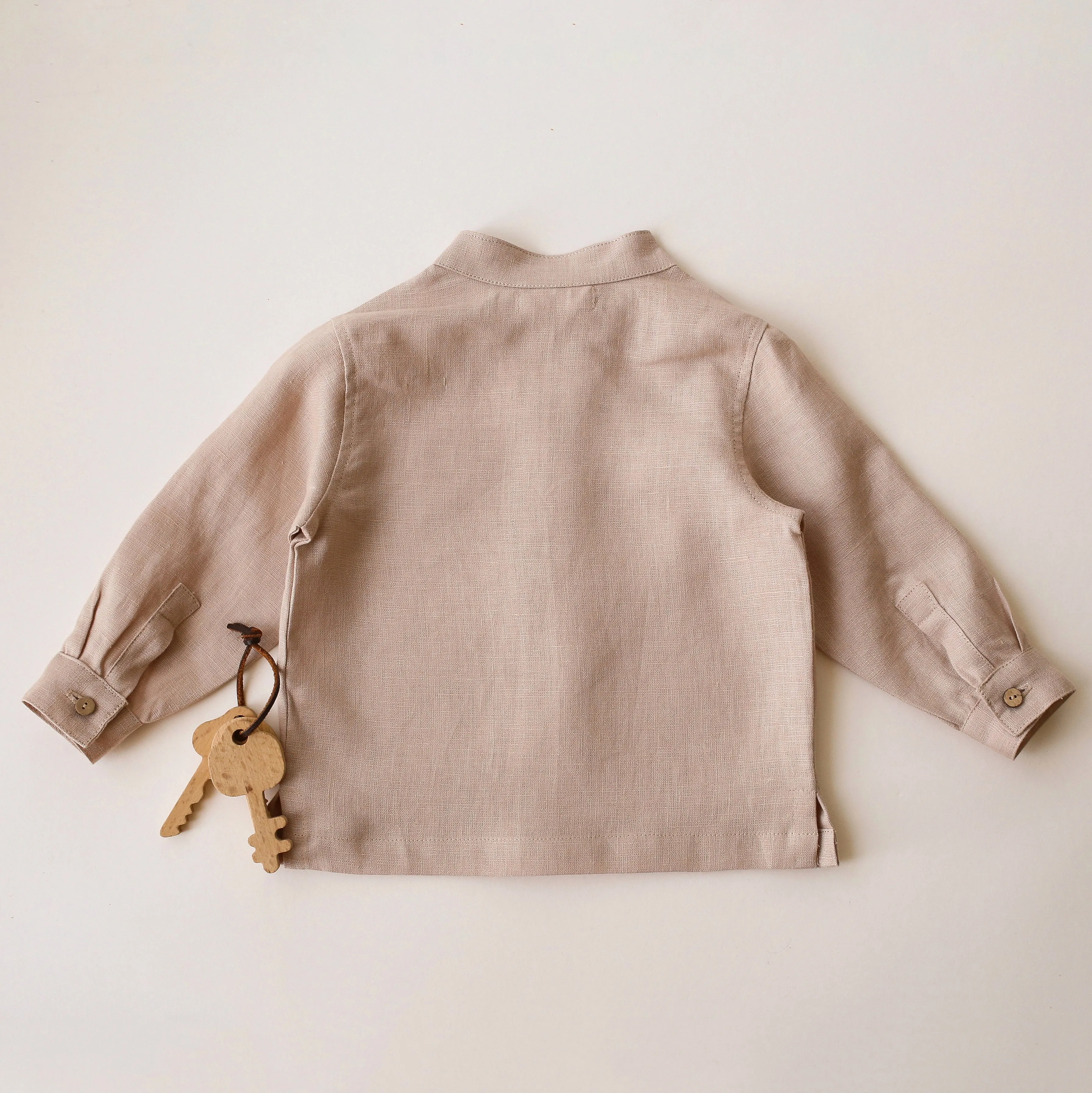 Beige Linen Long Sleeve Shirt with Band Collar