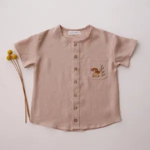 Beige Linen Short Sleeve Buttoned Top with Curved Hemline with "Mushrooms" Embroidery