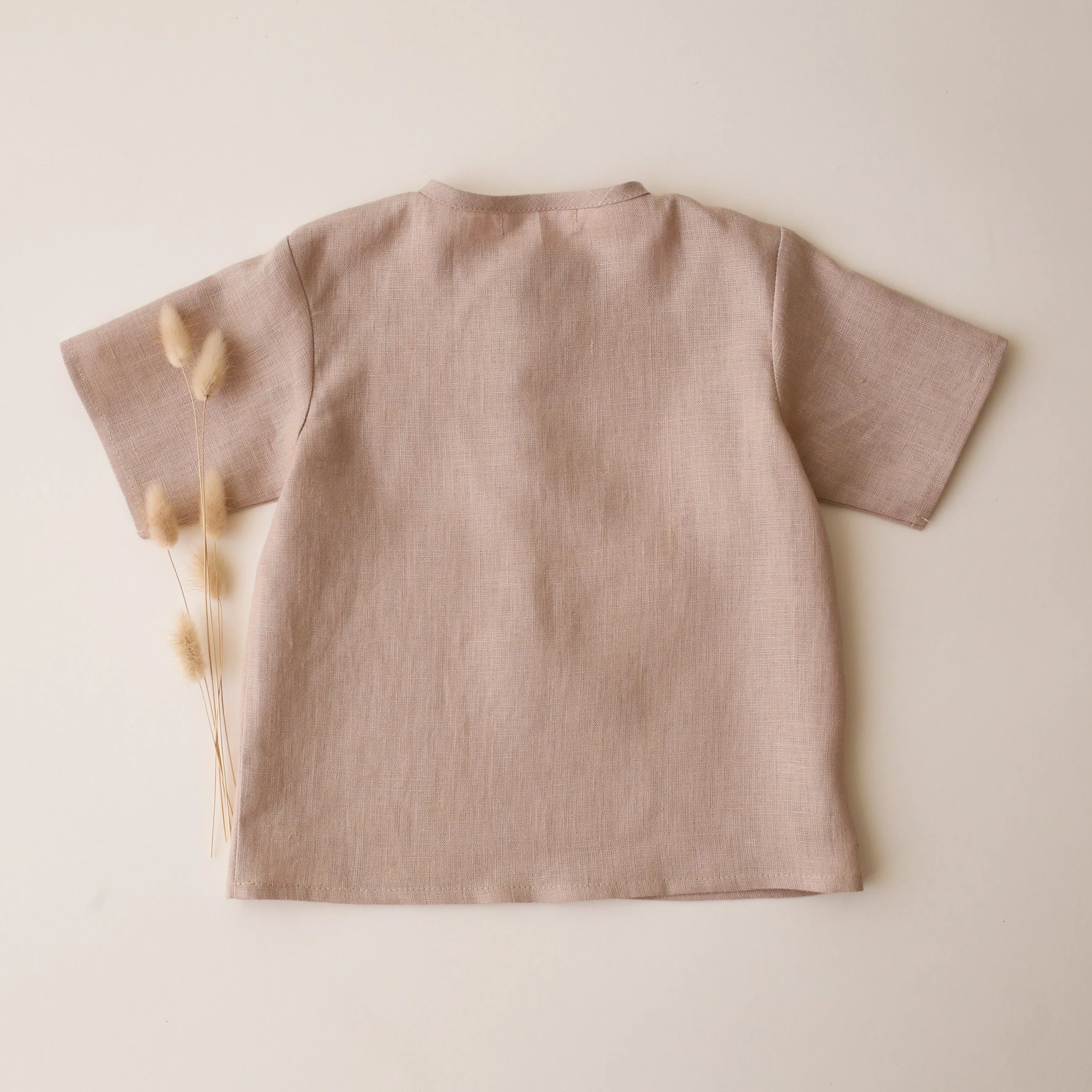 Beige Linen Short Sleeve Buttoned Top