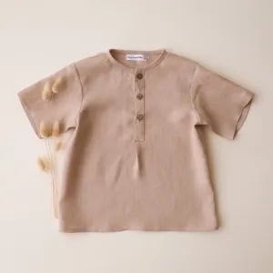 Beige Linen Short Sleeve Buttoned Top