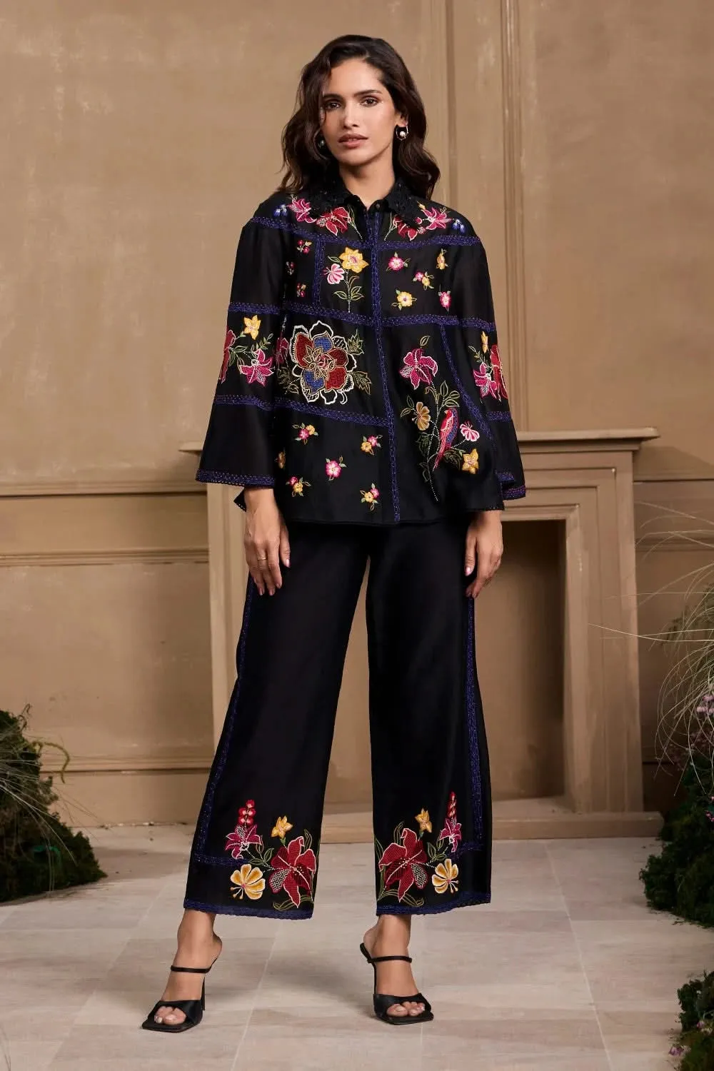 Black Floral Embroidered Panel Shirt With Pant