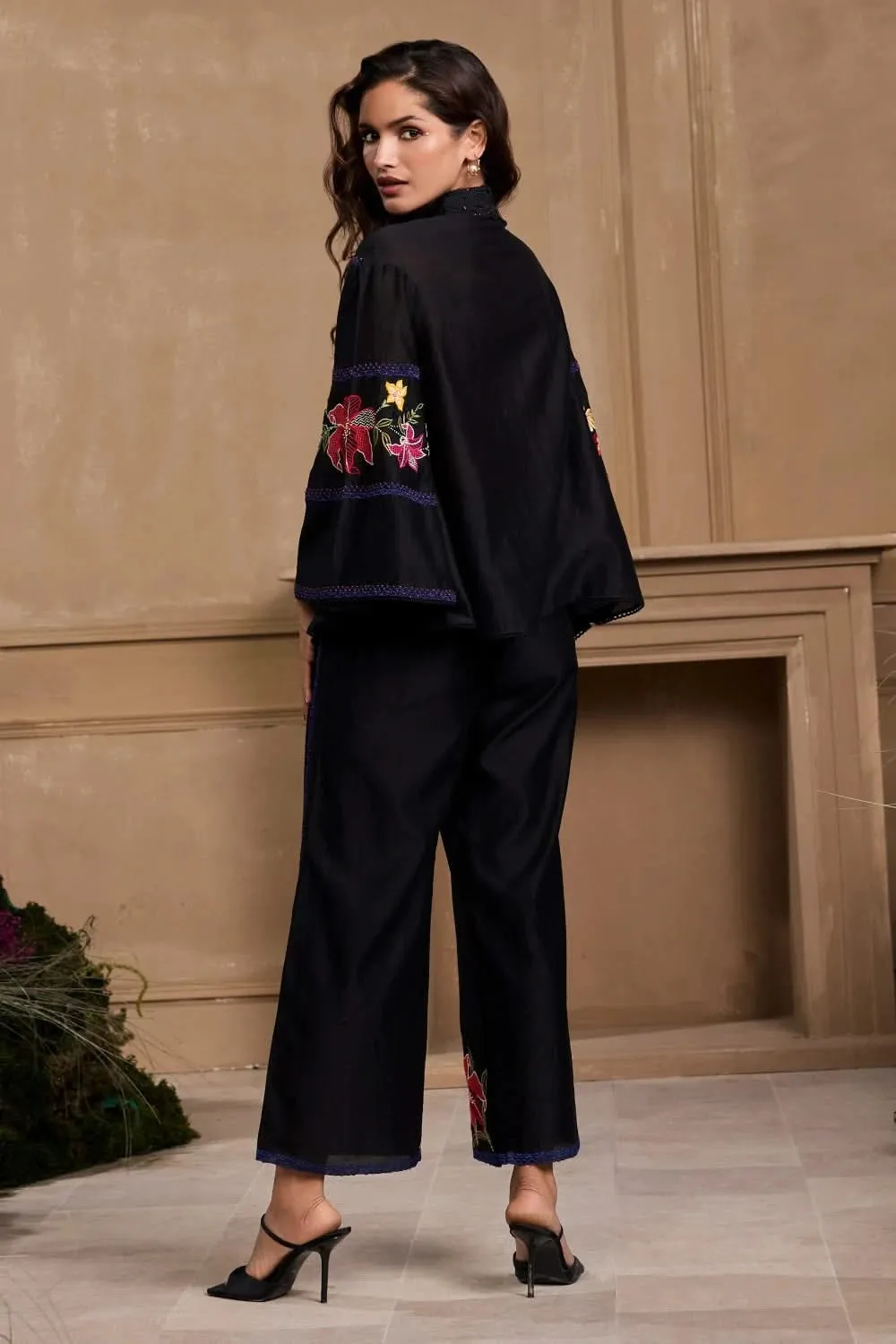 Black Floral Embroidered Panel Shirt With Pant