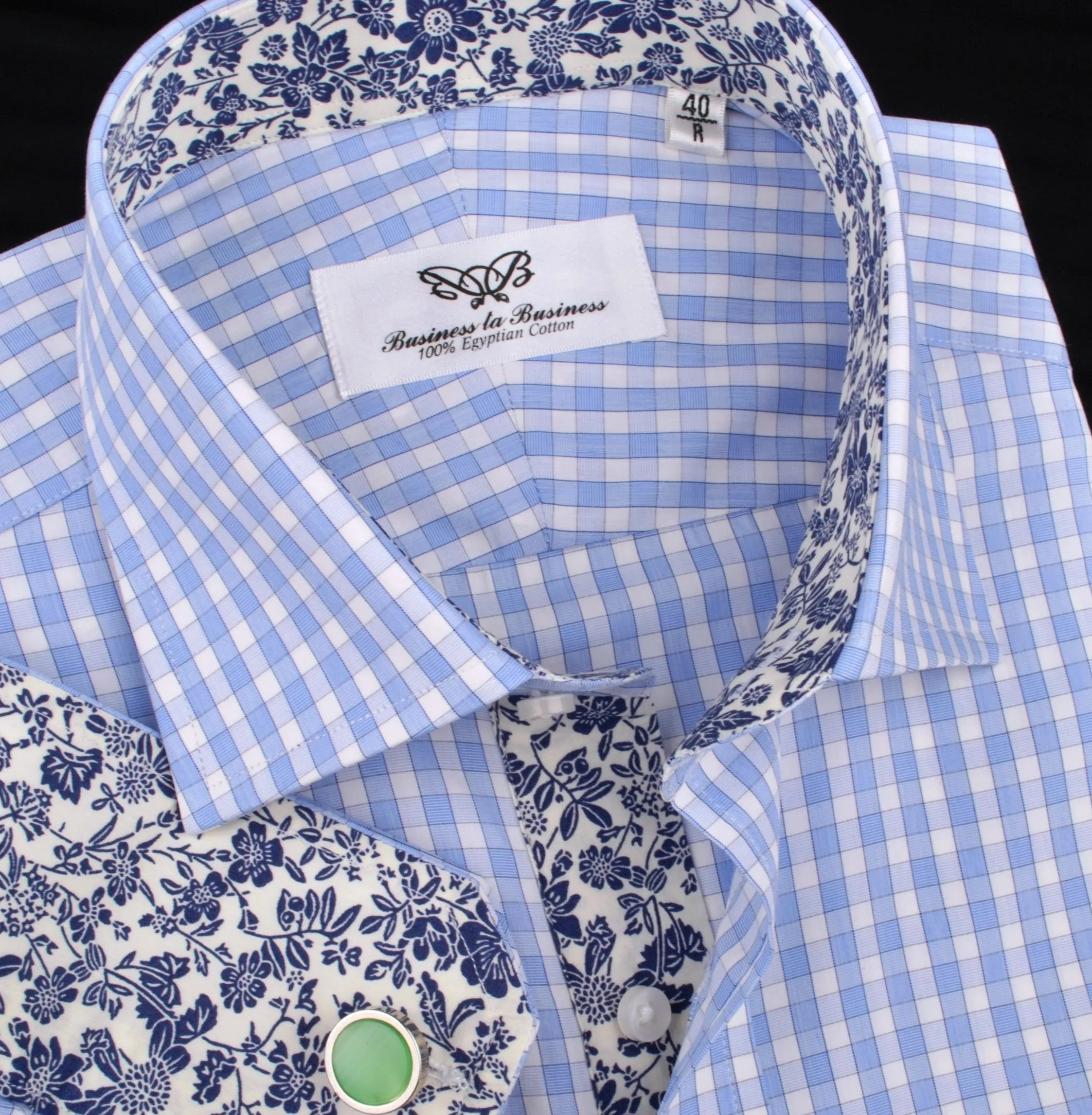 Blue Luxury Checkered Formal Business Dress Shirt in Standard Button Single Cuffs