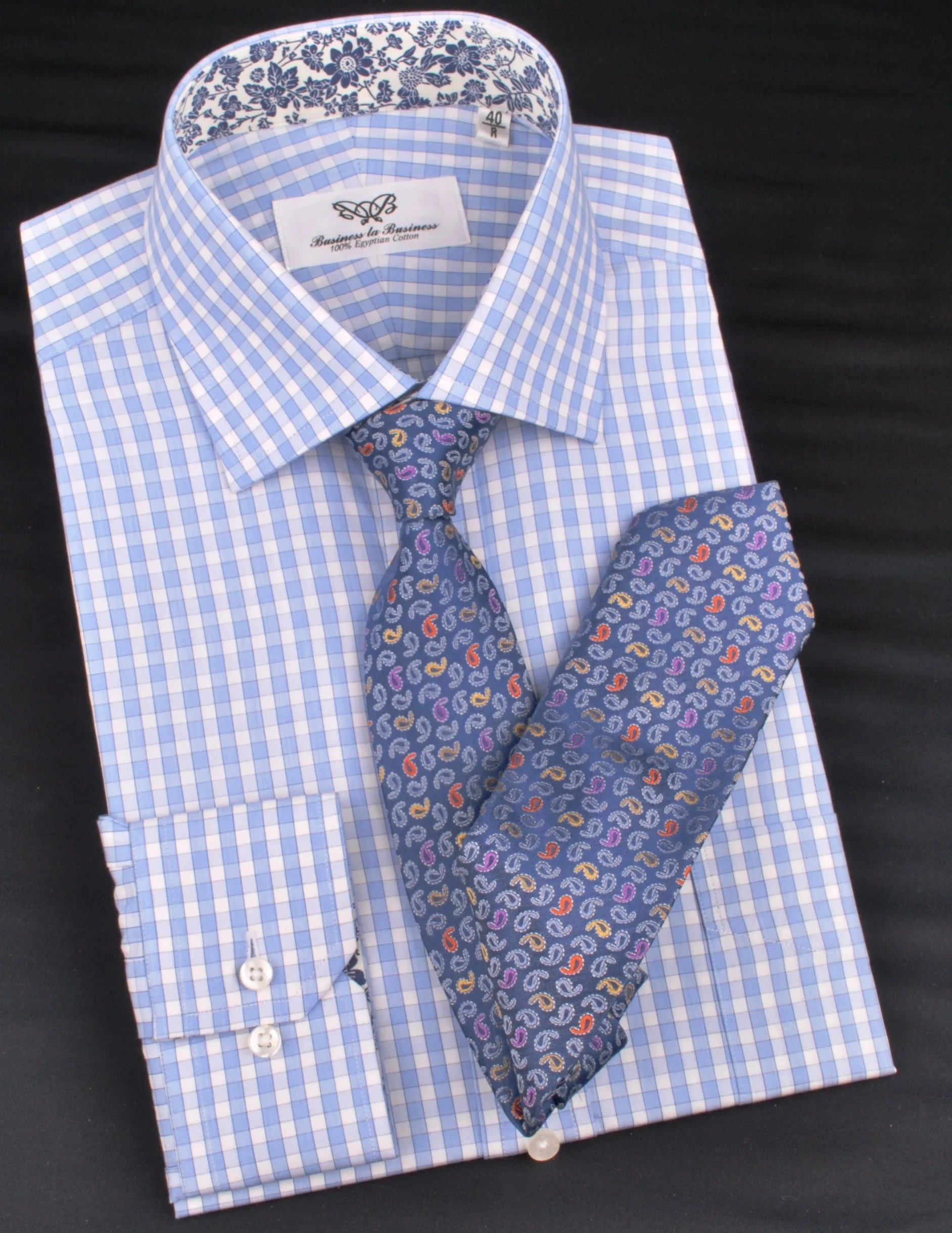 Blue Luxury Checkered Formal Business Dress Shirt in Standard Button Single Cuffs