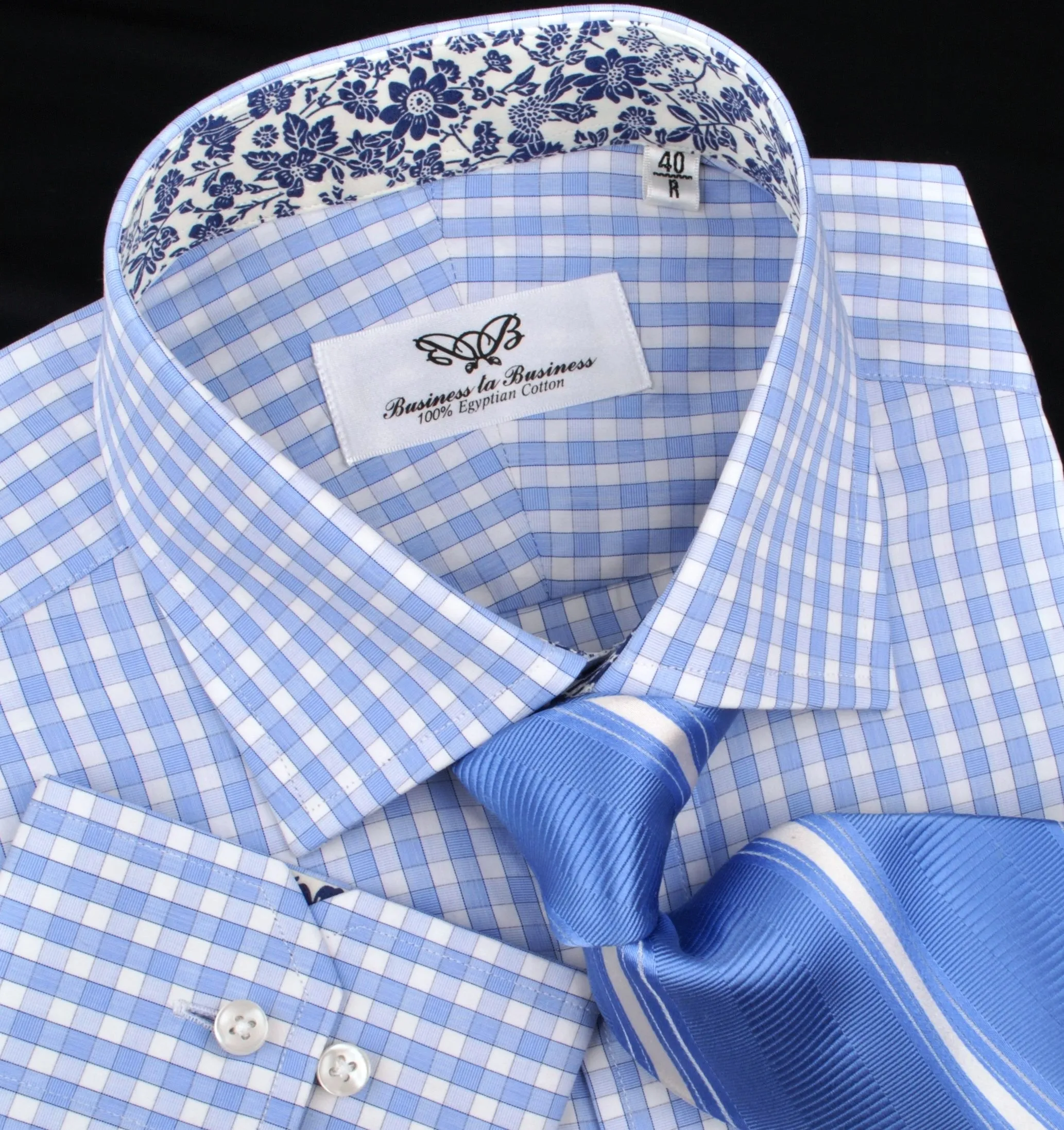 Blue Luxury Checkered Formal Business Dress Shirt in Standard Button Single Cuffs