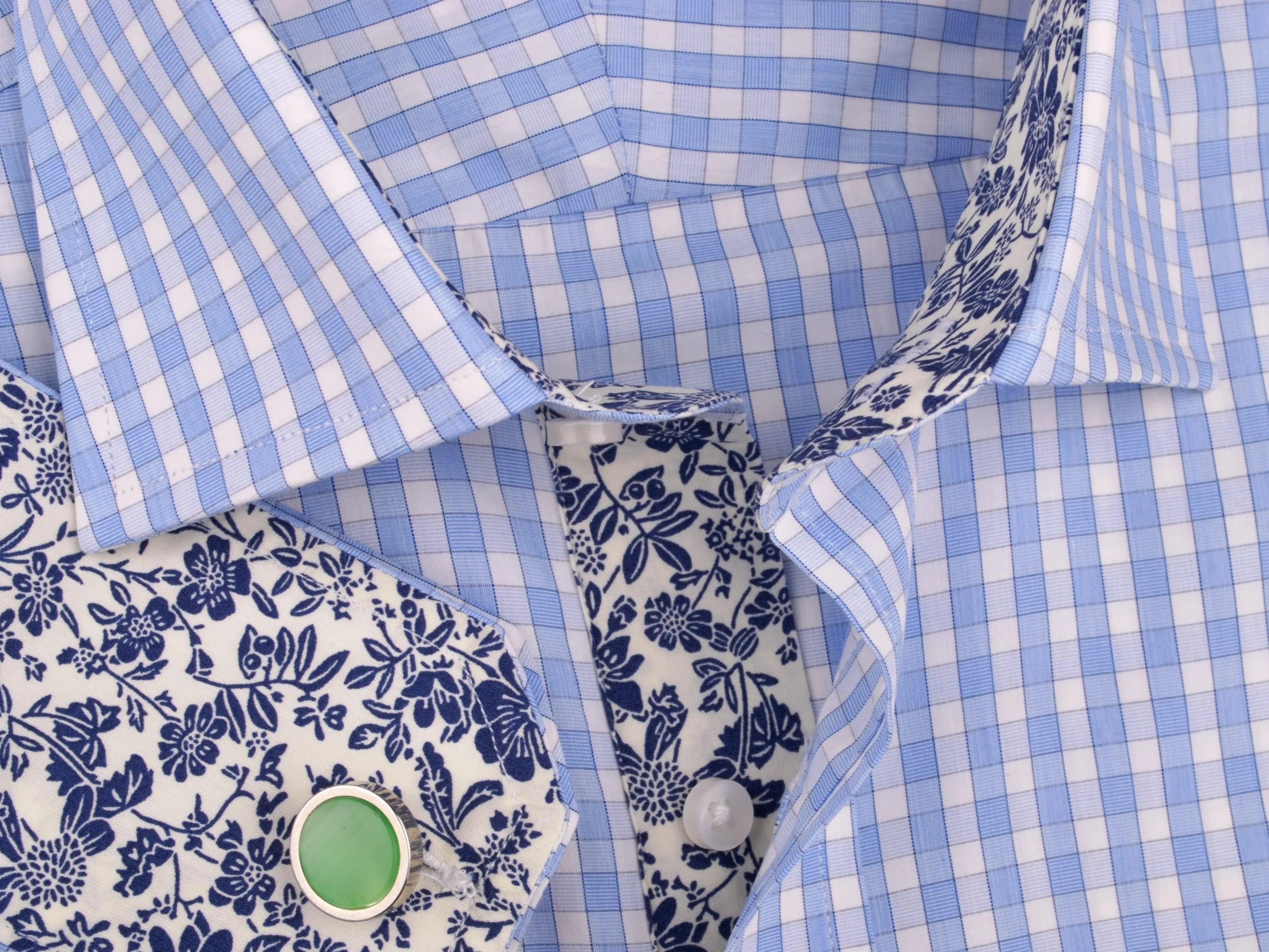 Blue Luxury Checkered Formal Business Dress Shirt in Standard Button Single Cuffs