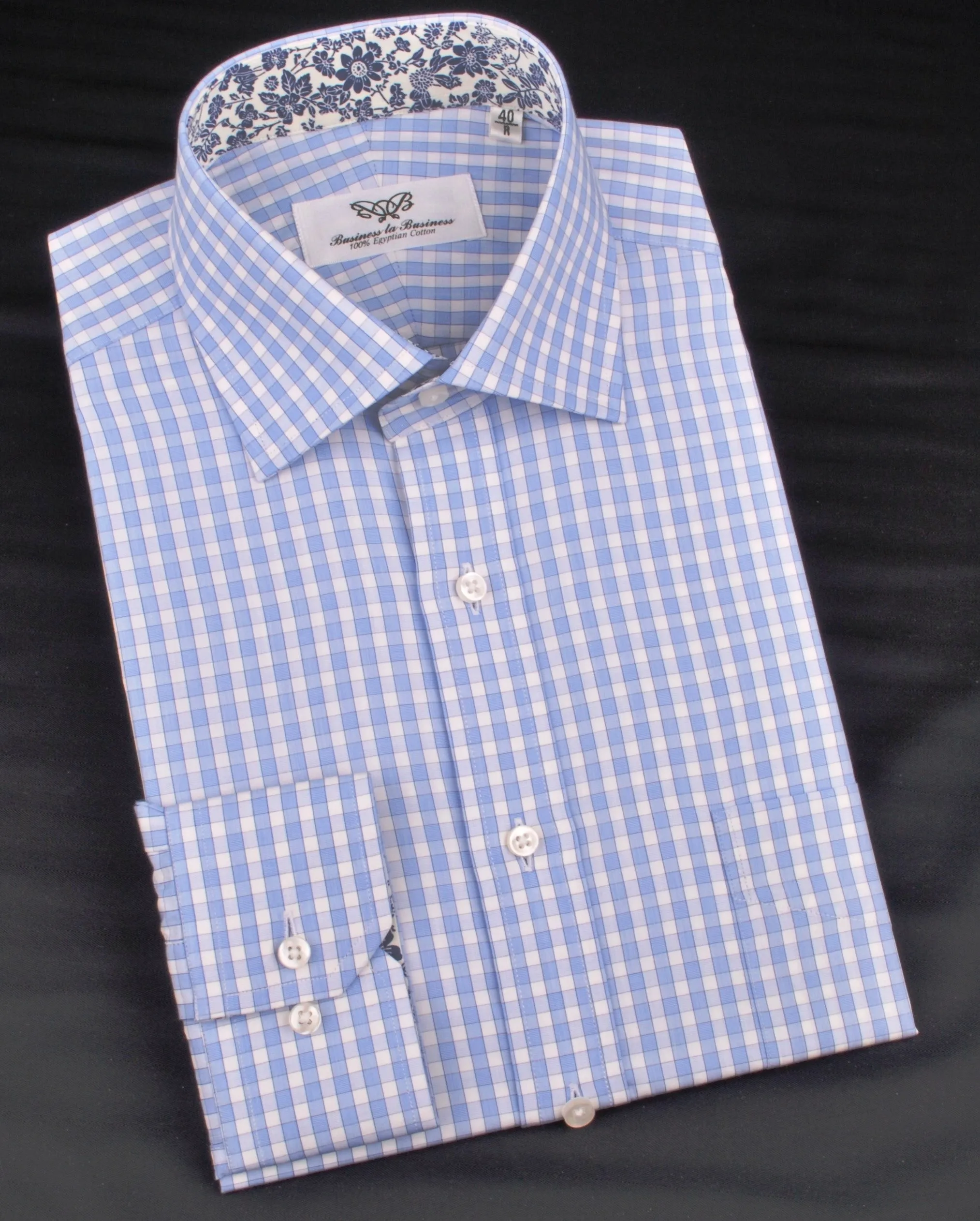 Blue Luxury Checkered Formal Business Dress Shirt in Standard Button Single Cuffs