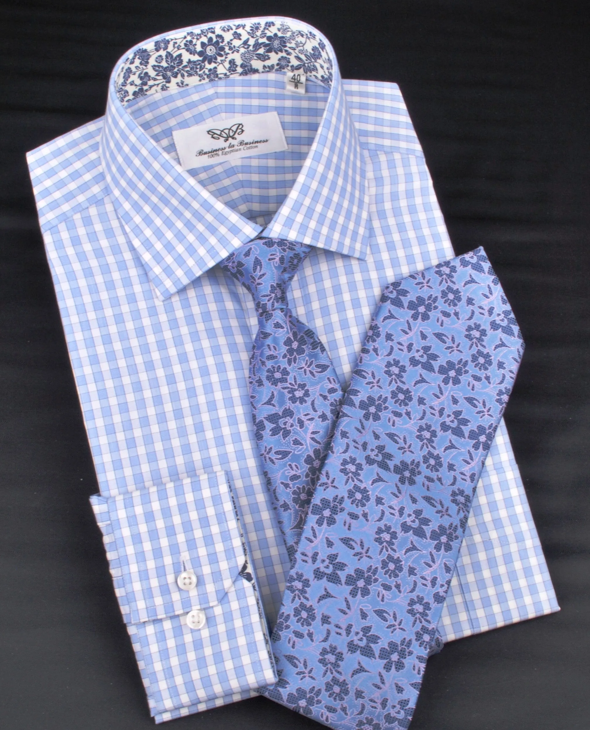 Blue Luxury Checkered Formal Business Dress Shirt in Standard Button Single Cuffs