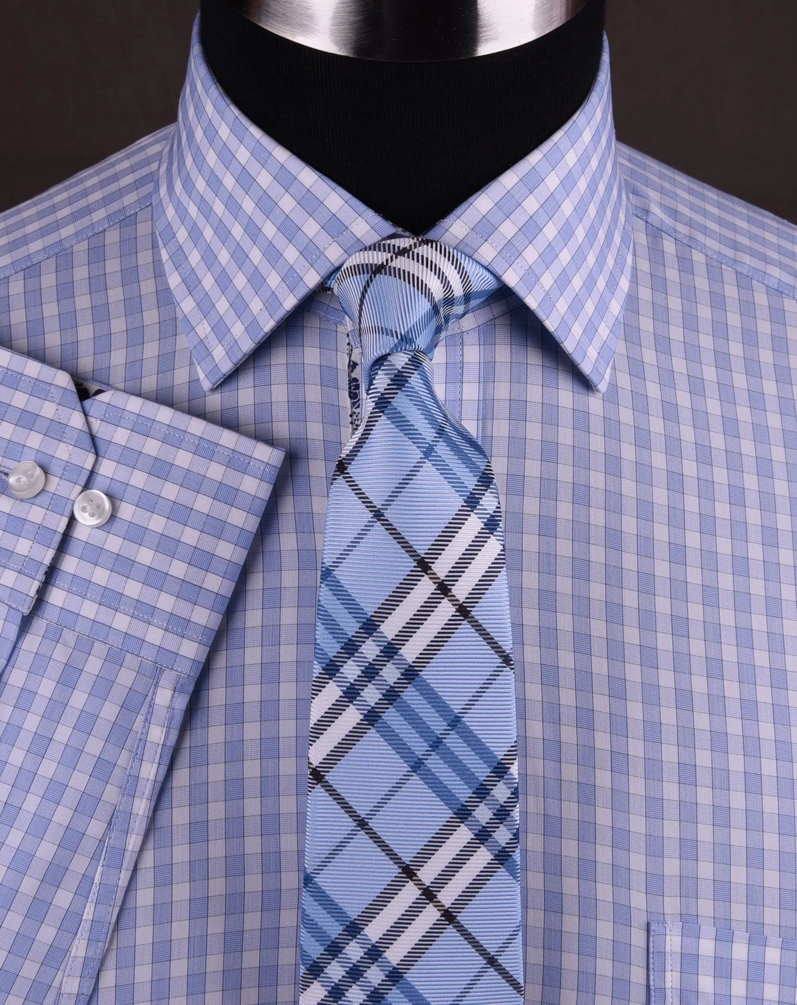 Blue Luxury Checkered Formal Business Dress Shirt in Standard Button Single Cuffs