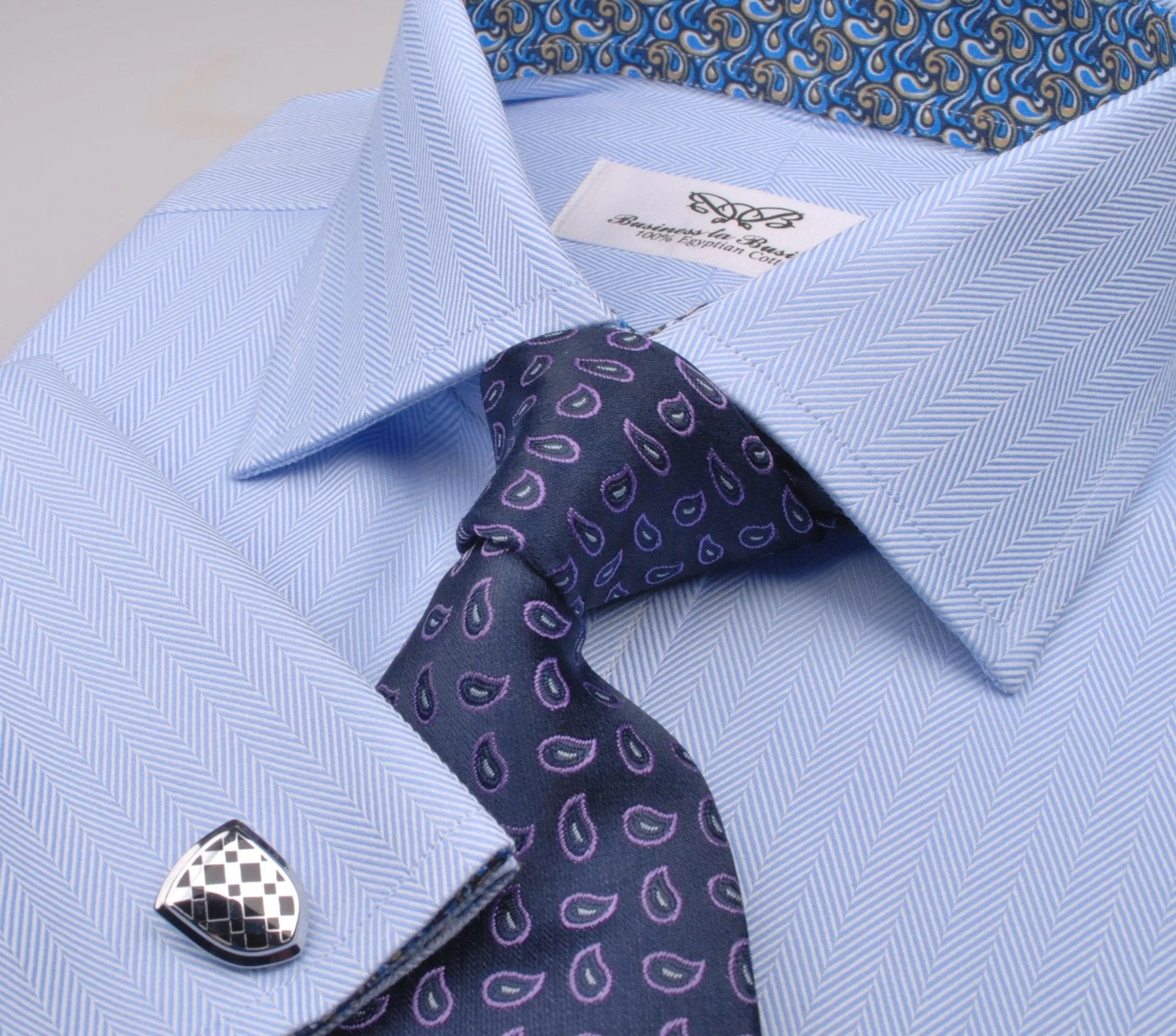 Blue Luxury Herringbone Formal Business Dress Shirt with Paisleys