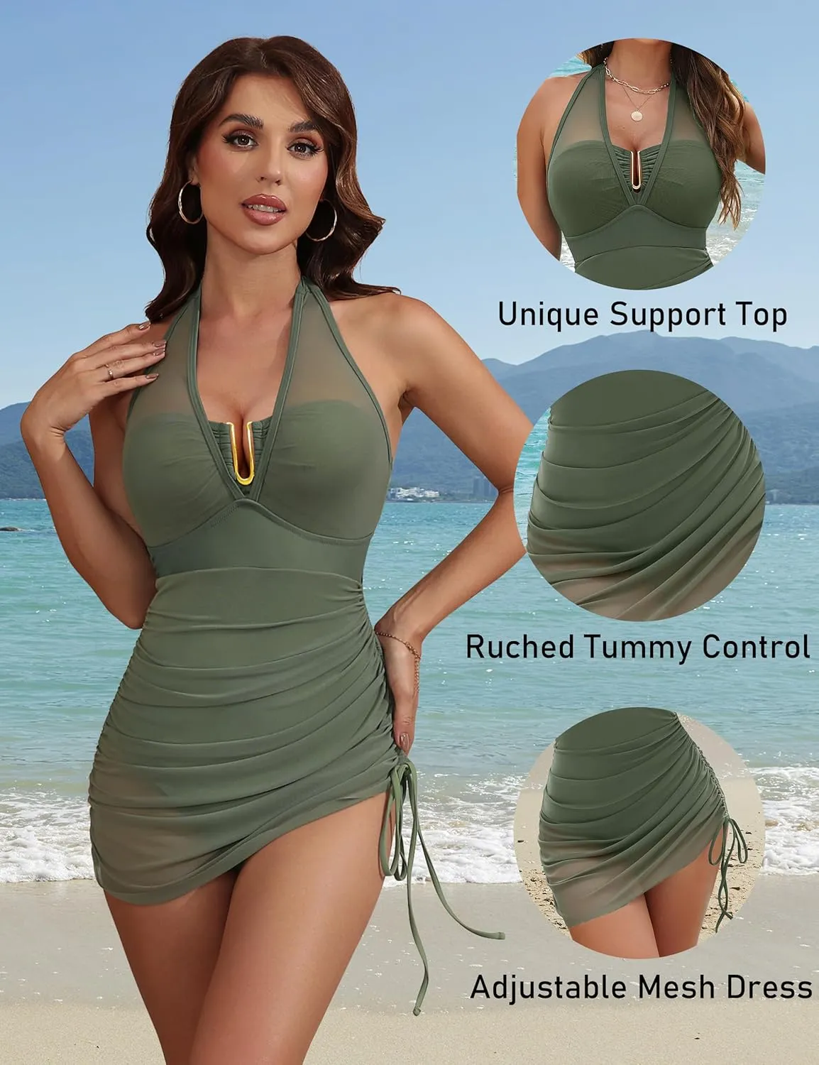BMJL Womens One Piece Swimsuit Tummy Control Swim Dress Slimming Mesh Sheer Halter Sarong Wraps Bathing Suit