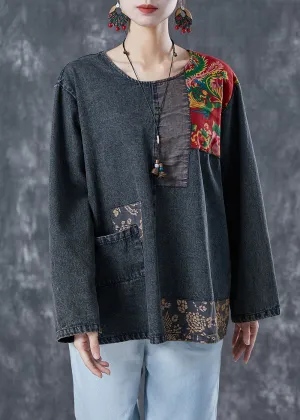 Boho Black Asymmetrical Patchwork Denim Sweatshirts Top Spring LY5621