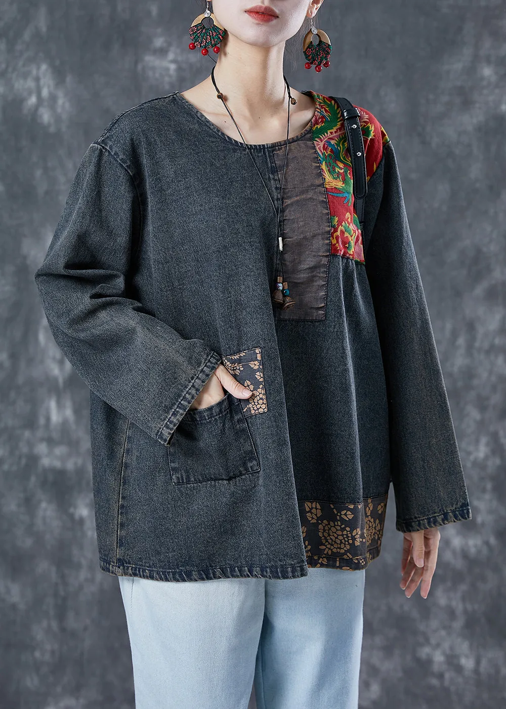 Boho Black Asymmetrical Patchwork Denim Sweatshirts Top Spring LY5621