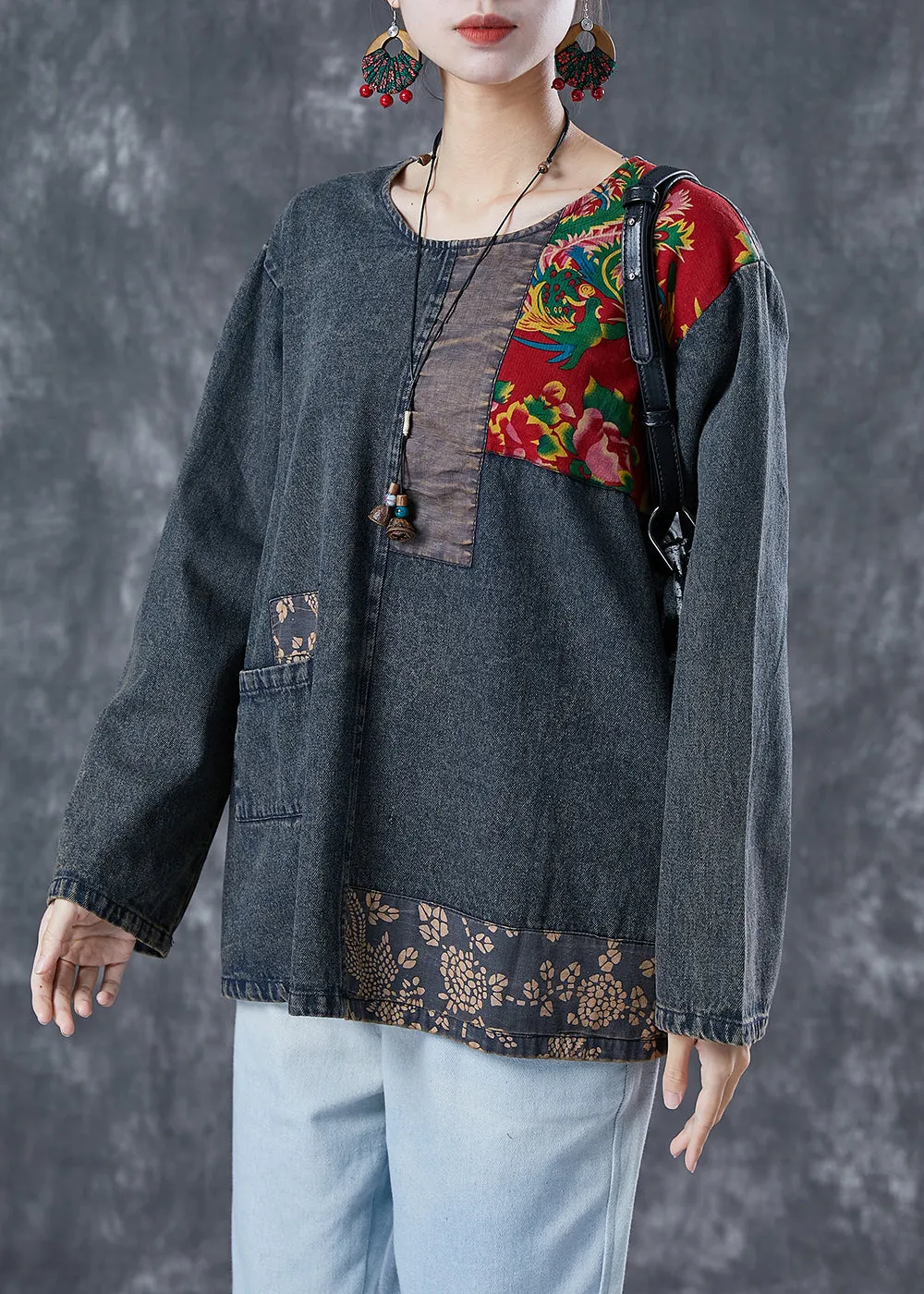 Boho Black Asymmetrical Patchwork Denim Sweatshirts Top Spring LY5621
