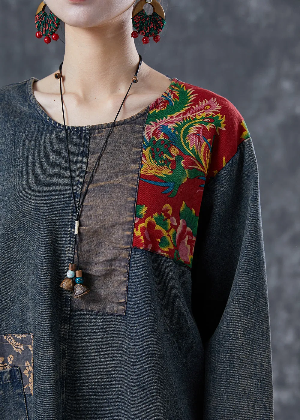 Boho Black Asymmetrical Patchwork Denim Sweatshirts Top Spring LY5621