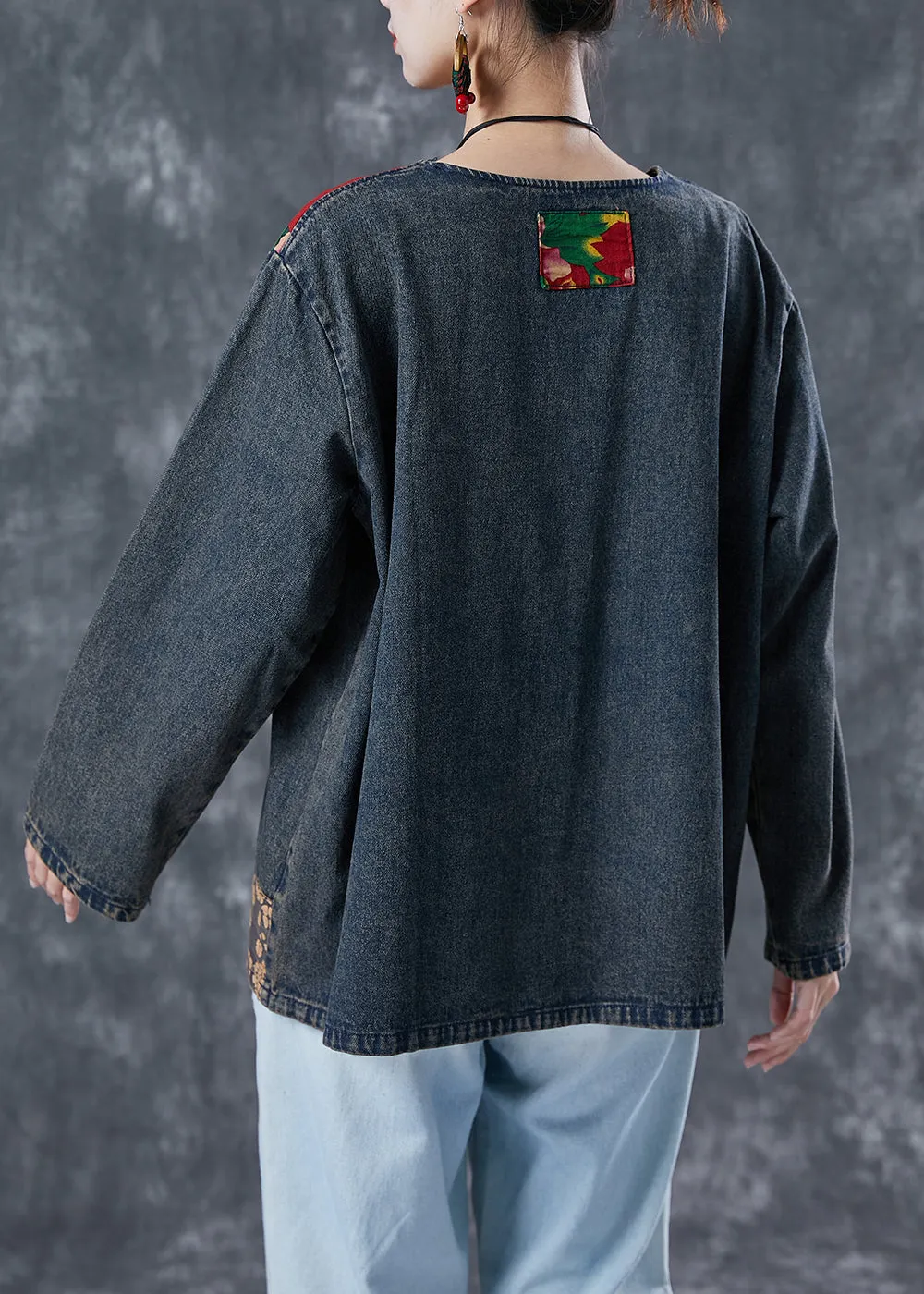 Boho Black Asymmetrical Patchwork Denim Sweatshirts Top Spring LY5621