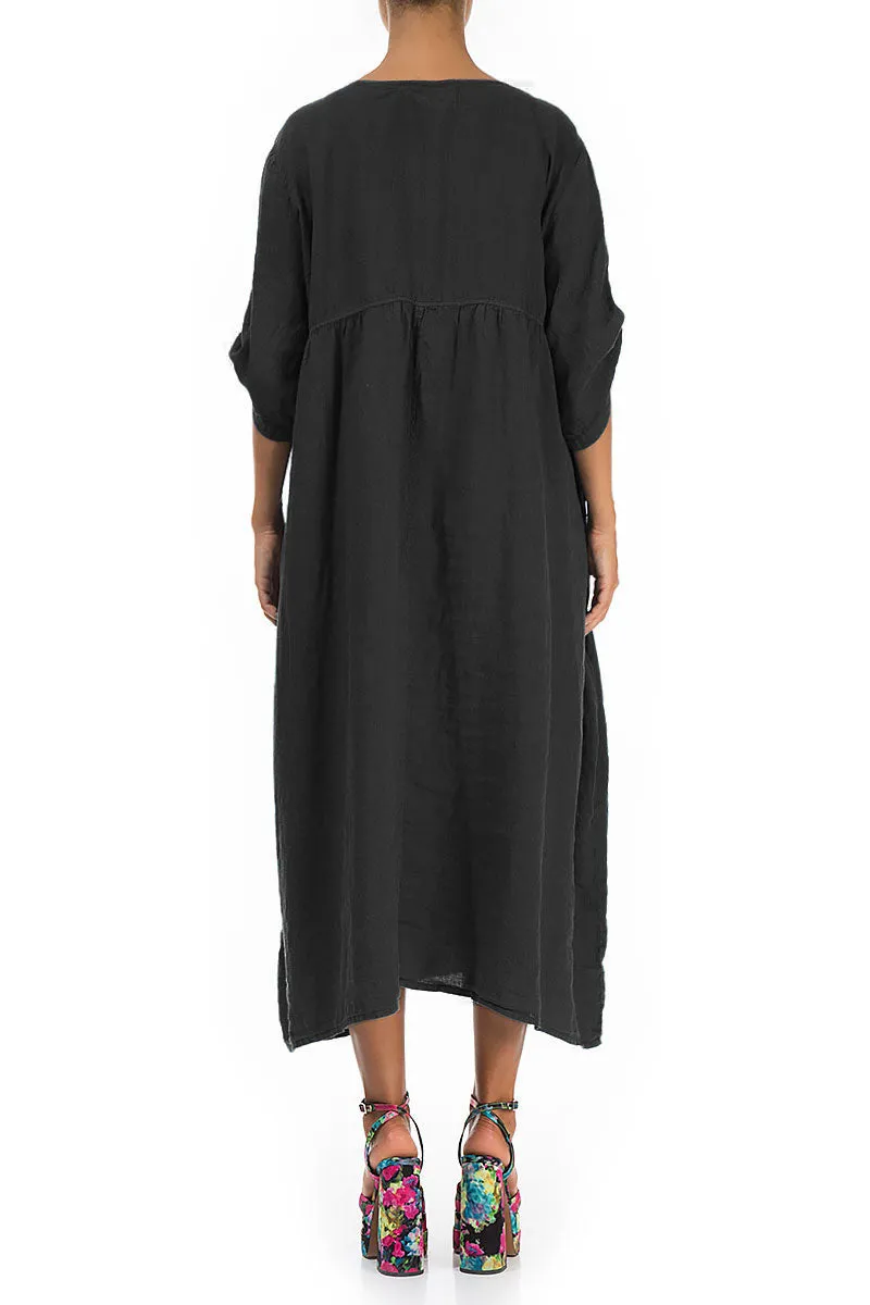 Buttoned Black Linen Dress