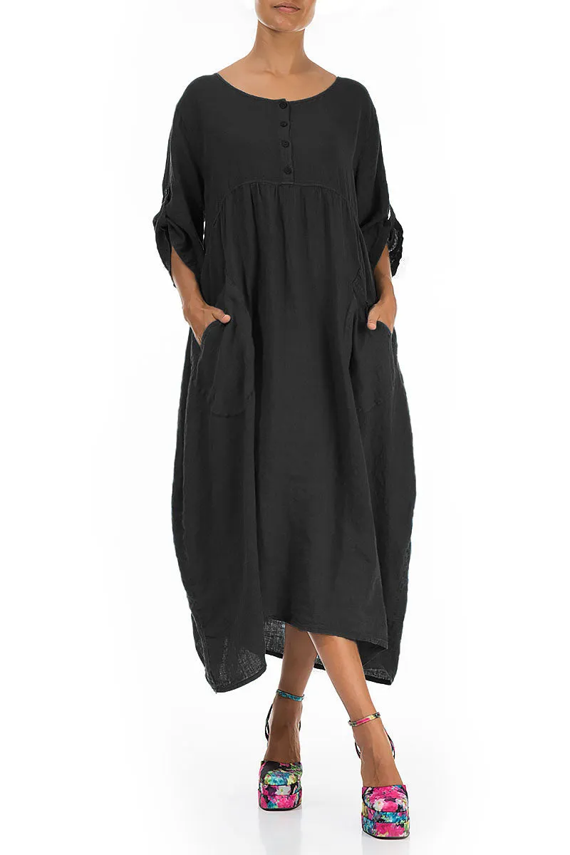 Buttoned Black Linen Dress