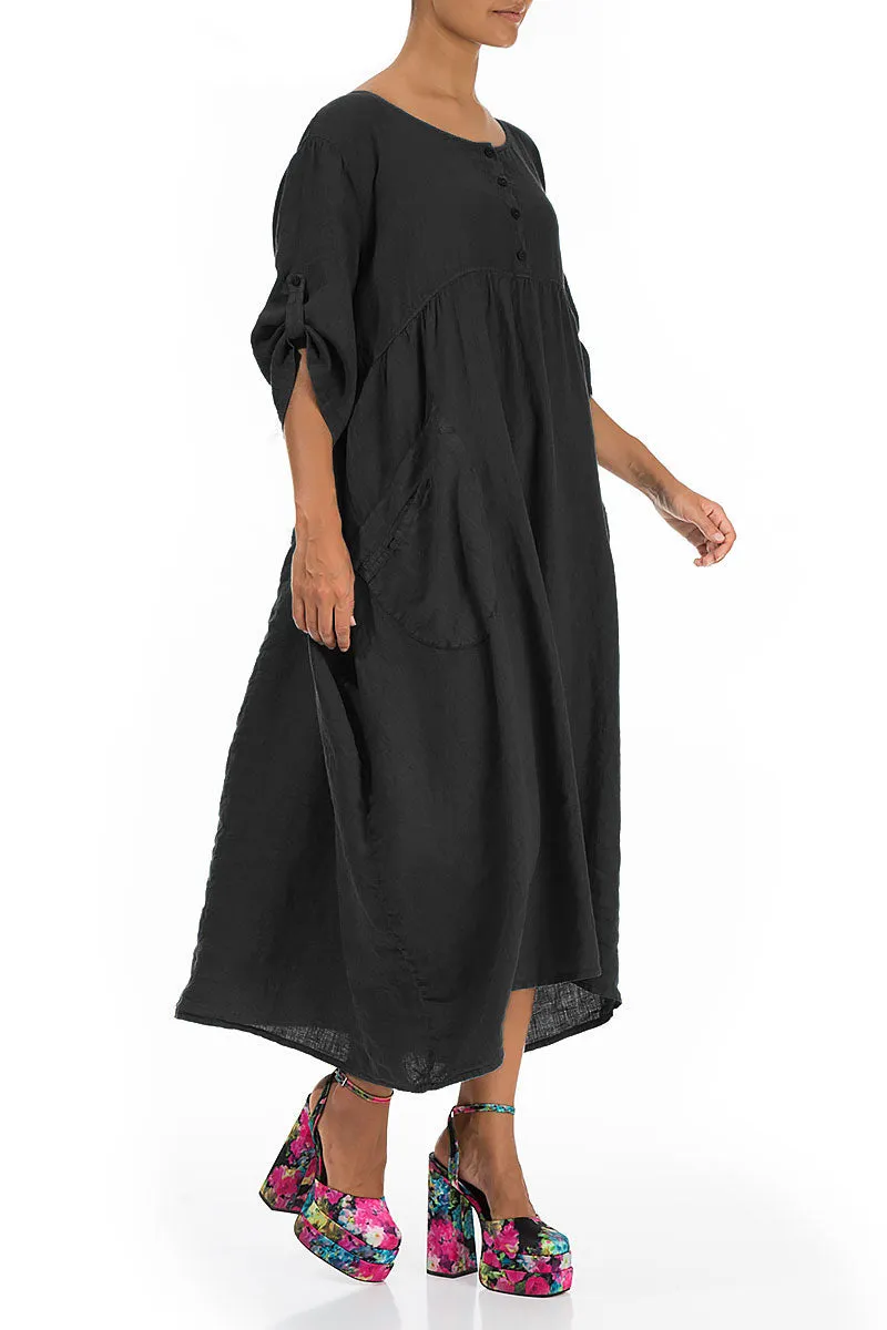 Buttoned Black Linen Dress