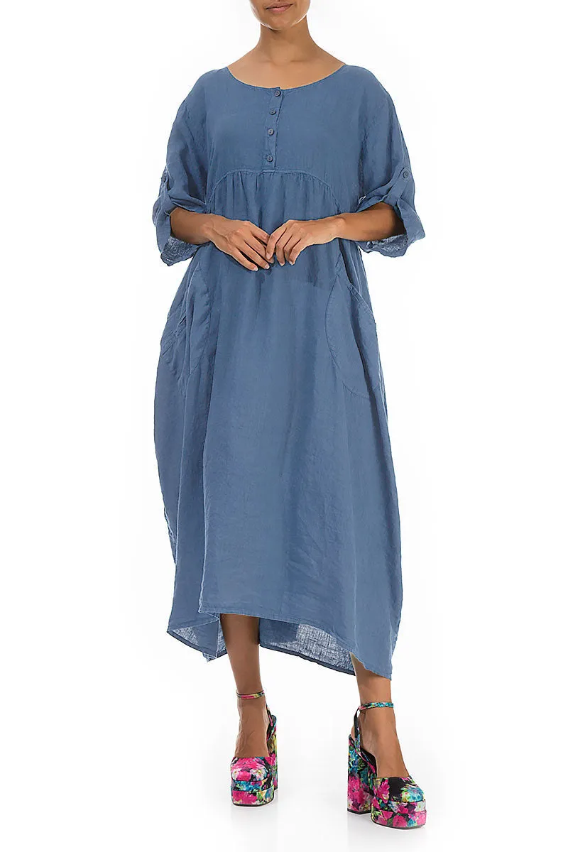 Buttoned Blue Nova Linen Dress