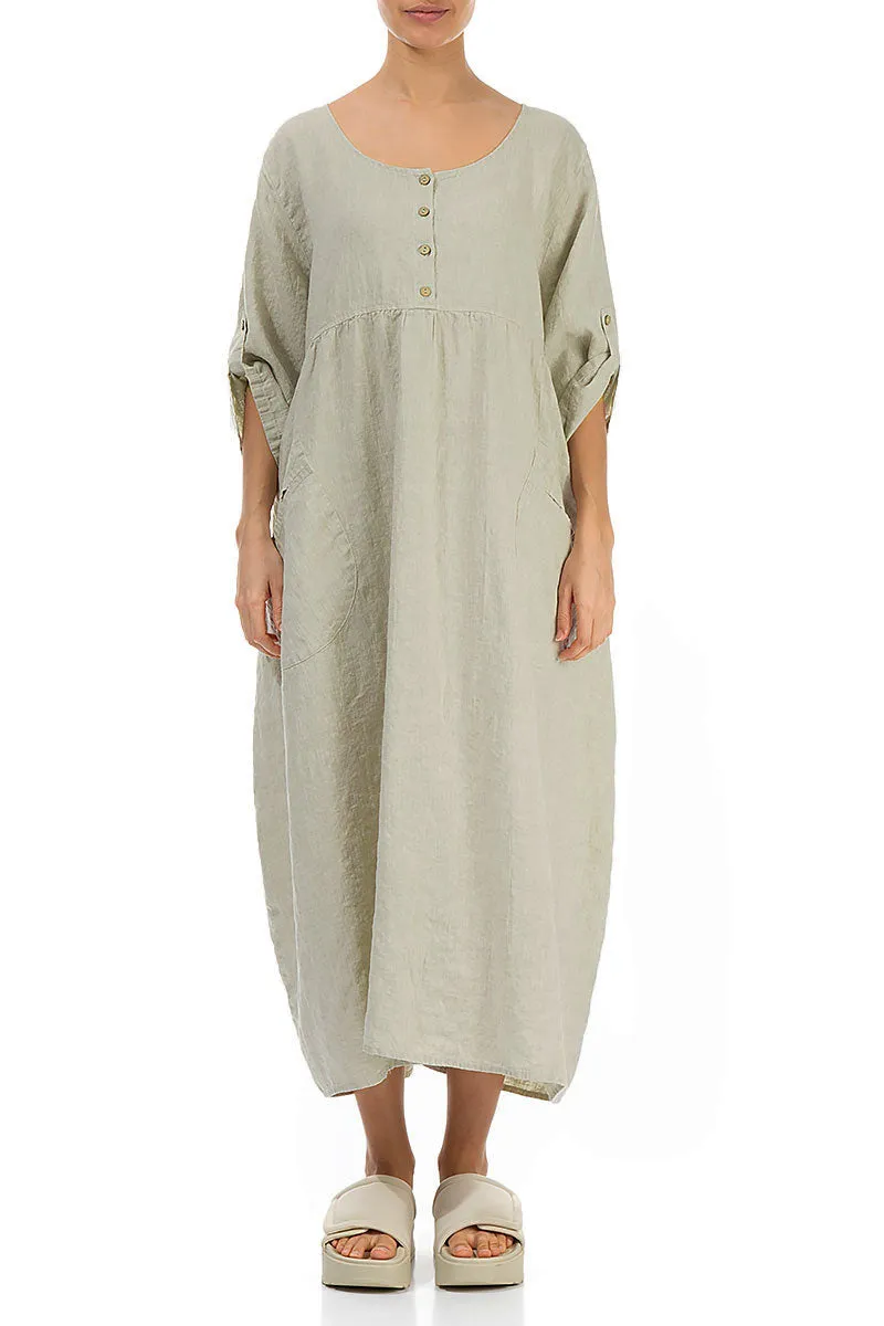 Buttoned Laurel Green Linen Dress