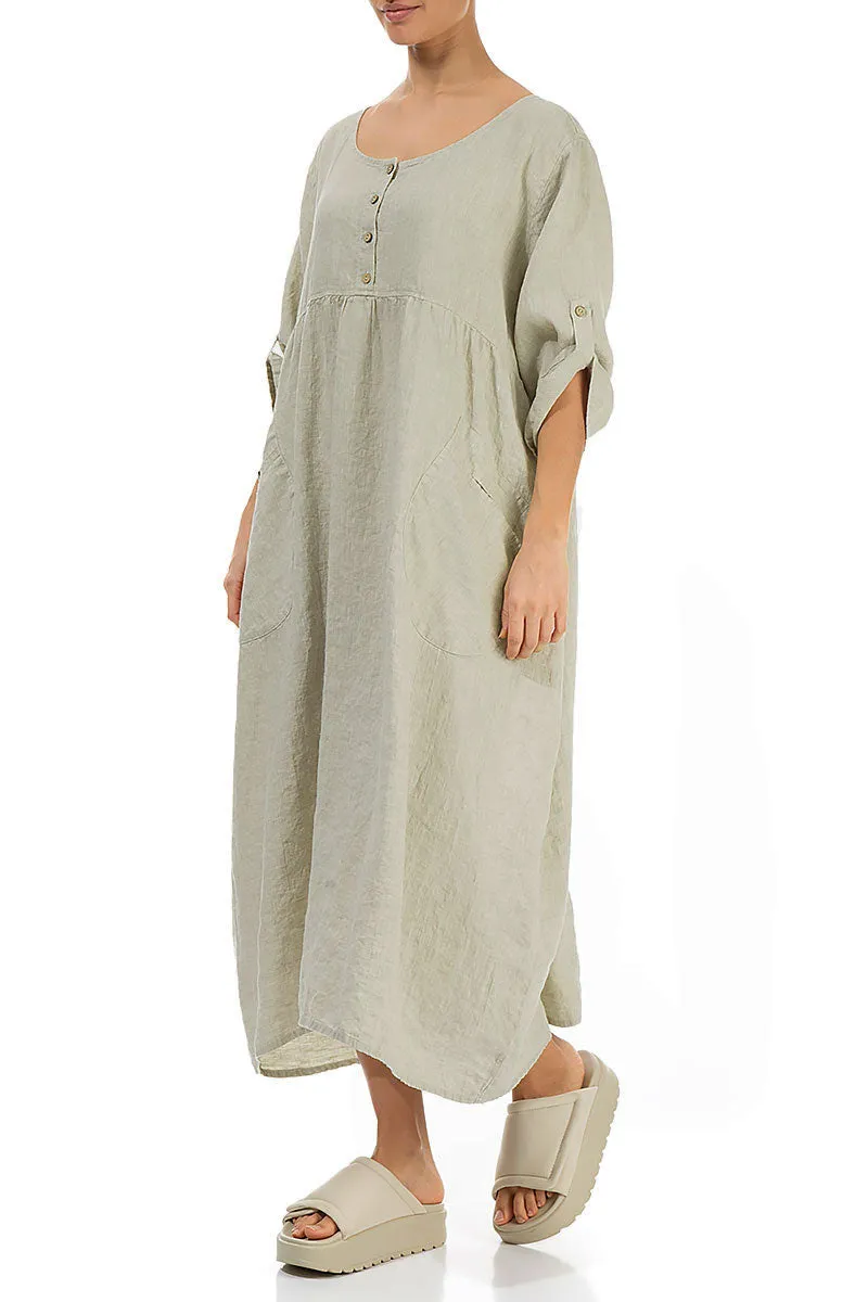 Buttoned Laurel Green Linen Dress
