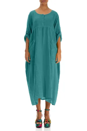 Buttoned Turquoise Linen Dress