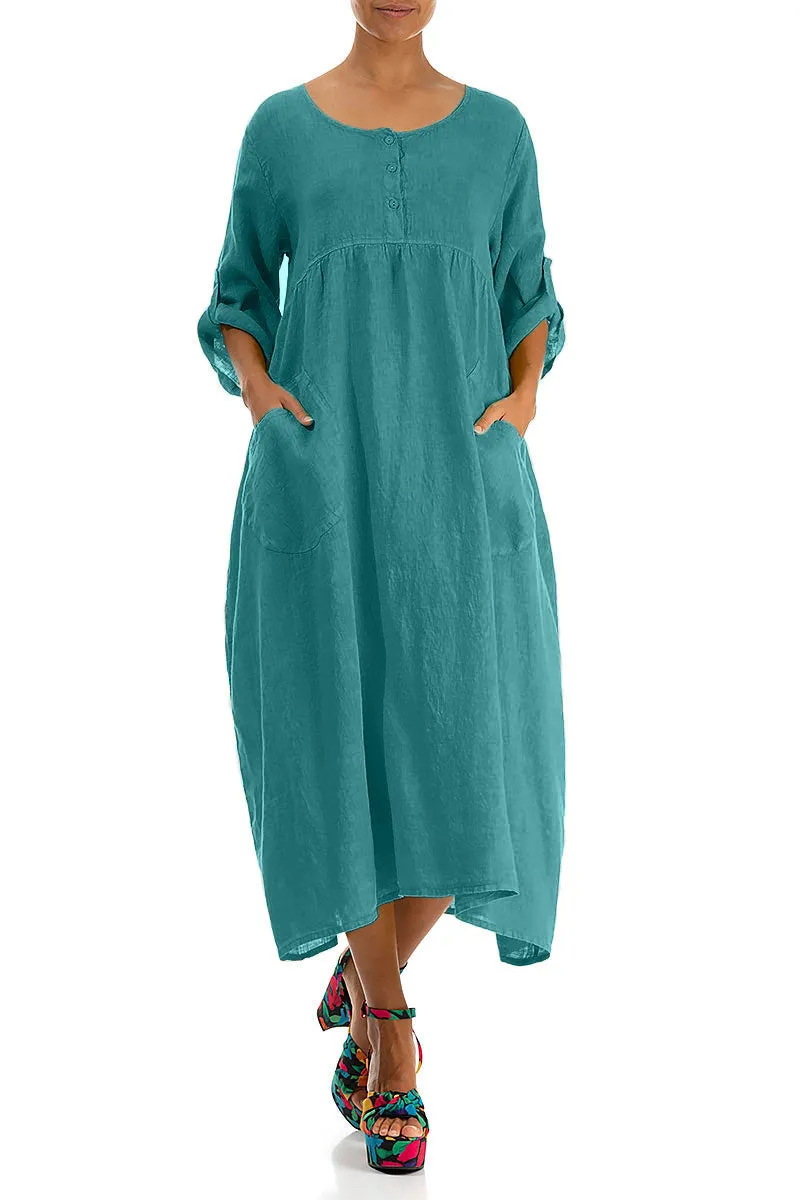 Buttoned Turquoise Linen Dress