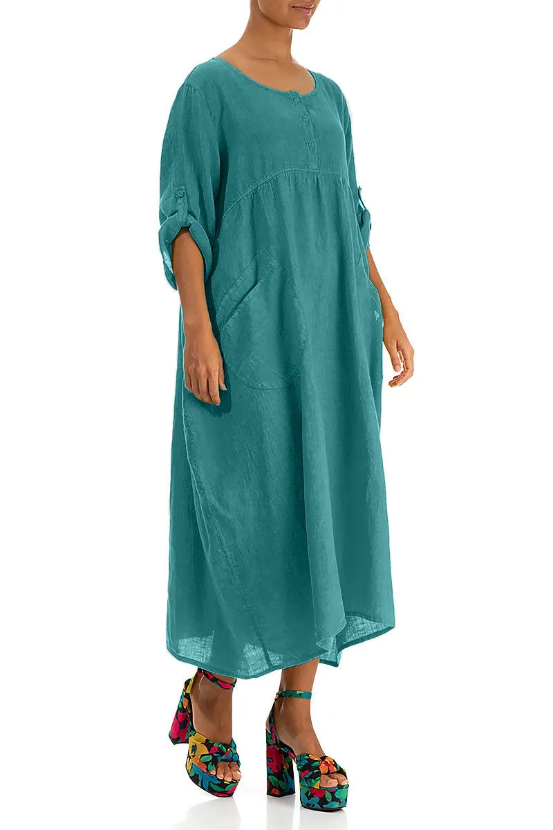 Buttoned Turquoise Linen Dress