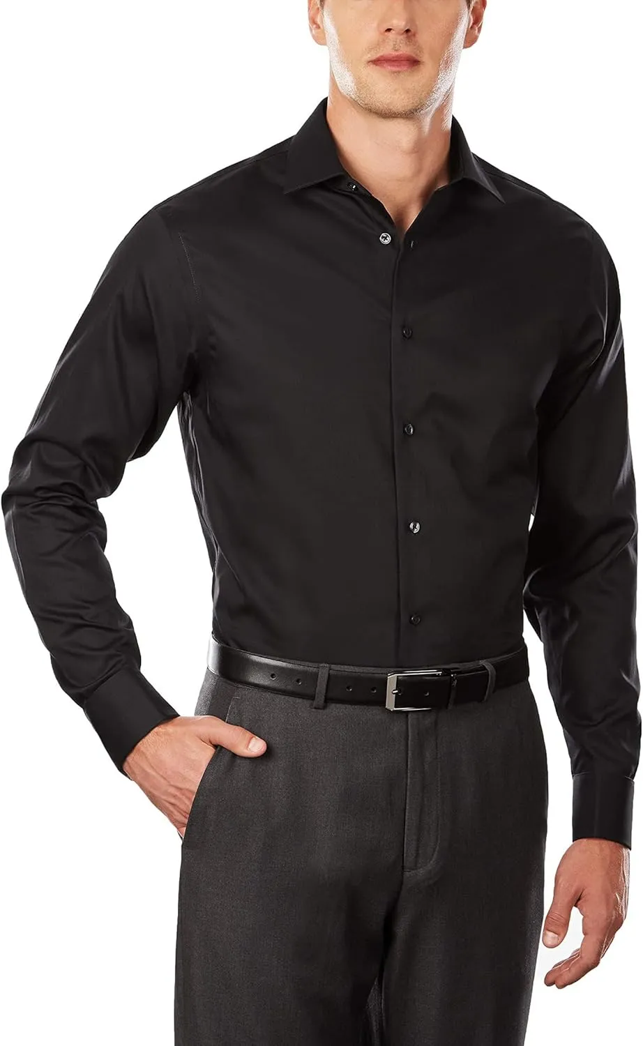 Calvin Klein Men's Non Iron Regular Fit Herringbone French Cuff Dress Shirt, Black, 16.5" Neck 34"-35" Sleeve