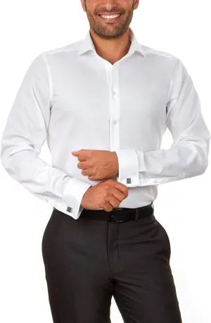 Calvin Klein Men's Non Iron Slim Fit Herringbone French Cuff Dress Shirt, White, 17" Neck 34"-35" Sleeve