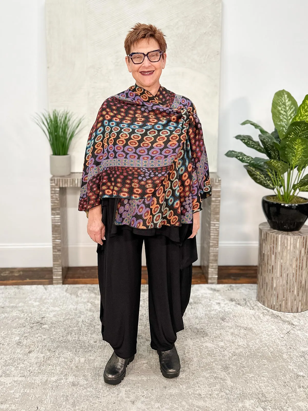 Cashmere Reversible Buckle Shawl, Dots Black Multi
