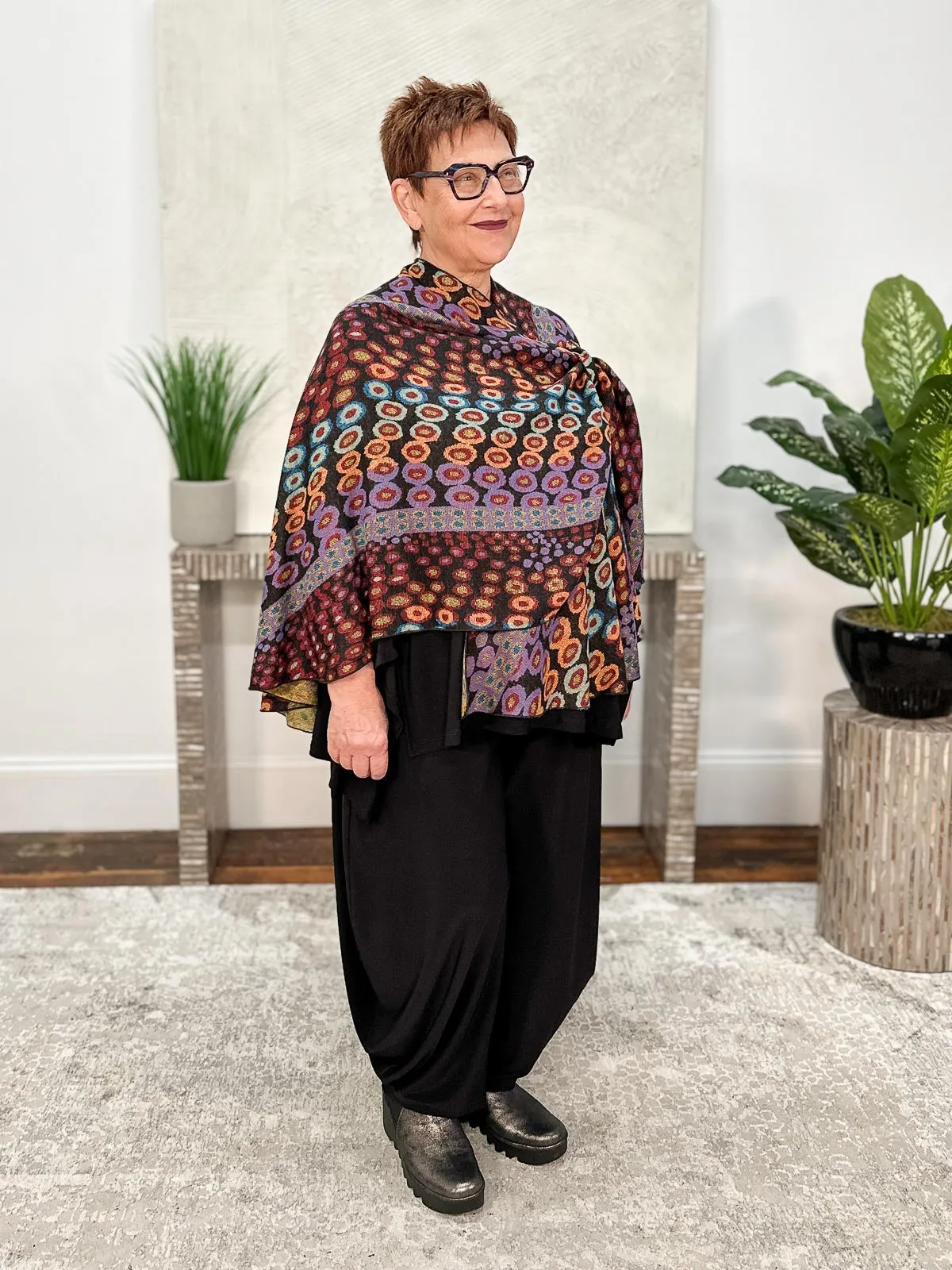 Cashmere Reversible Buckle Shawl, Dots Black Multi