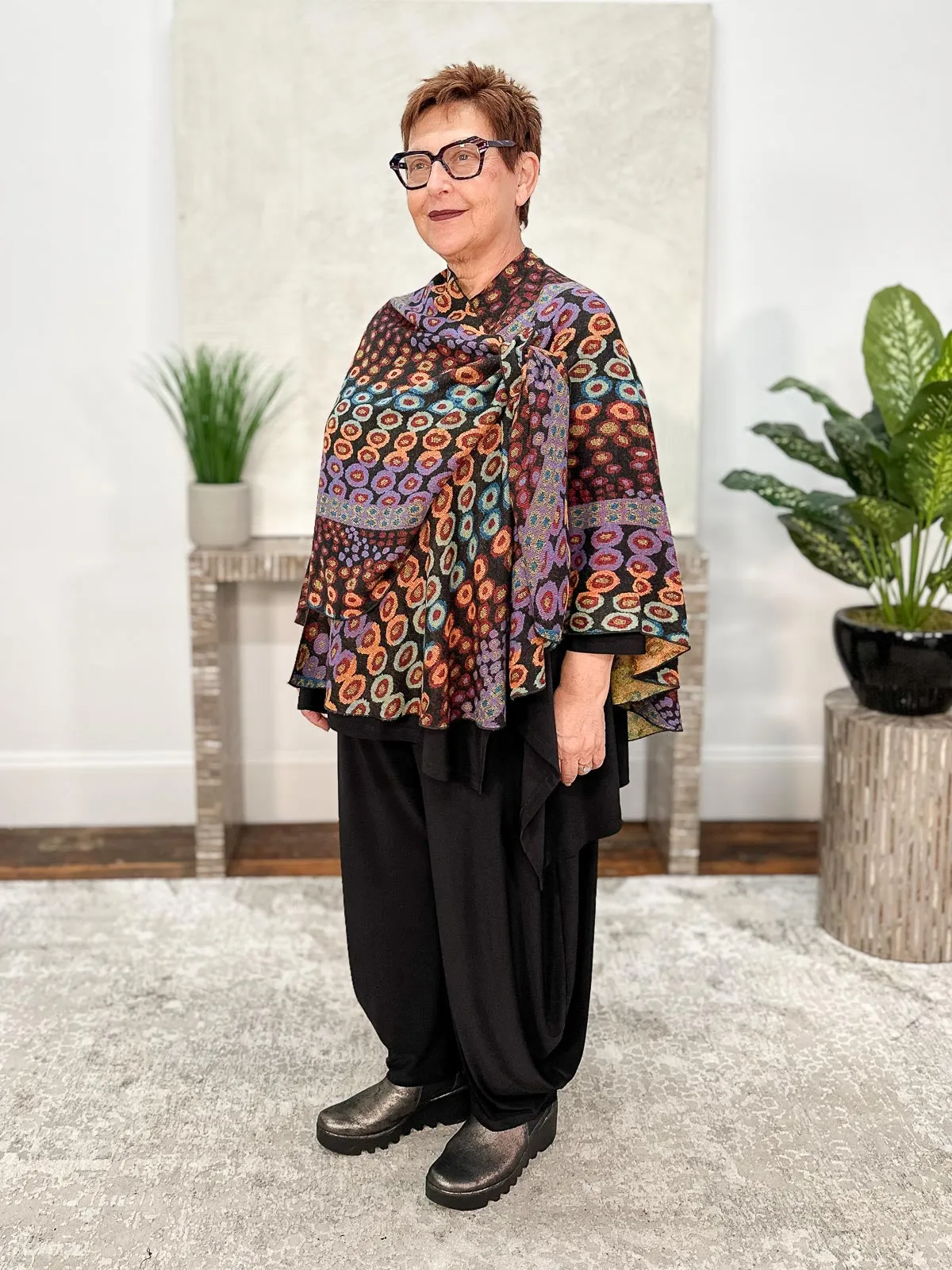 Cashmere Reversible Buckle Shawl, Dots Black Multi