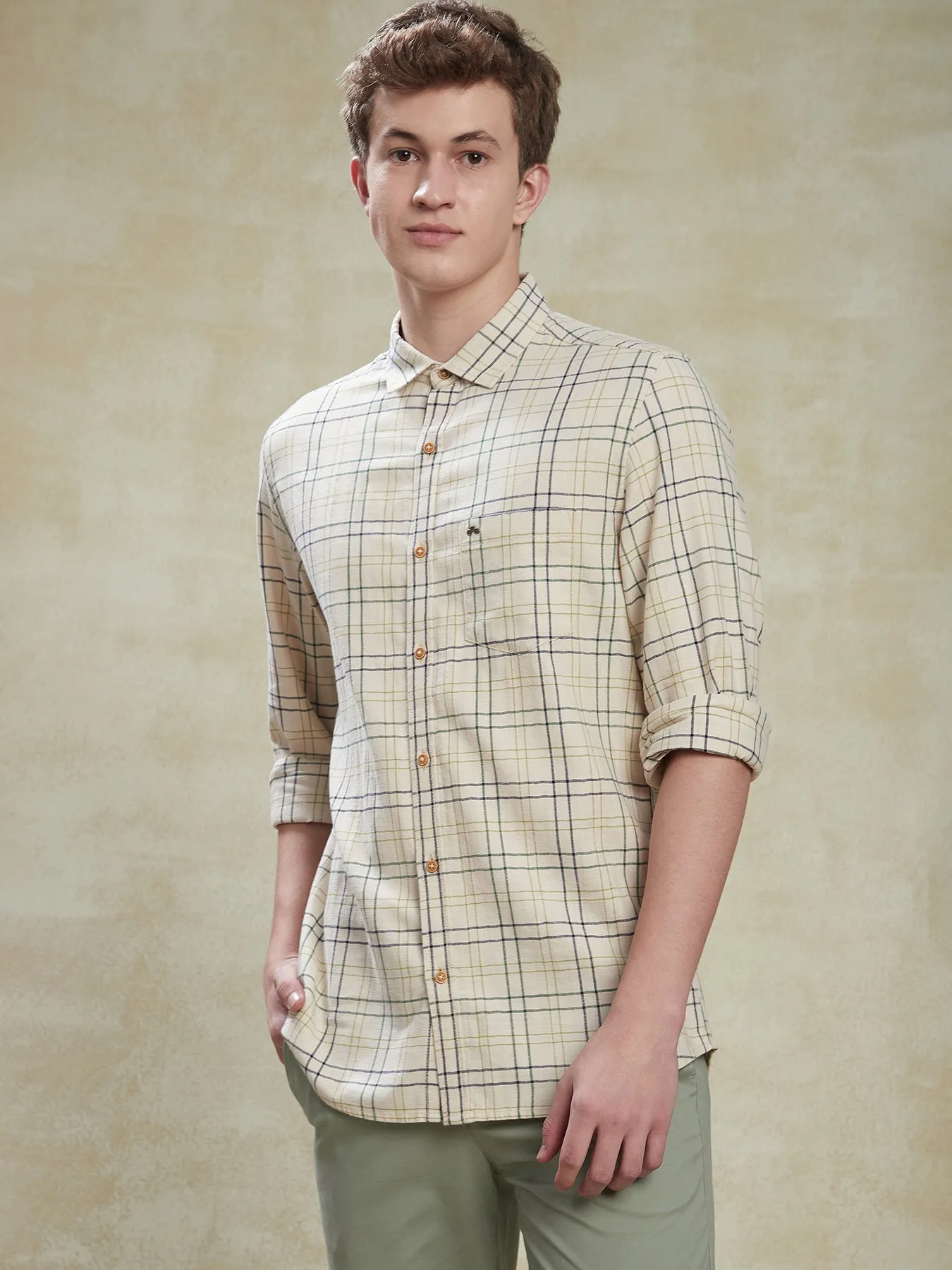 Cotton Slub Beige Slim Fit Full Sleeve Casual Mens Checkered Shirt